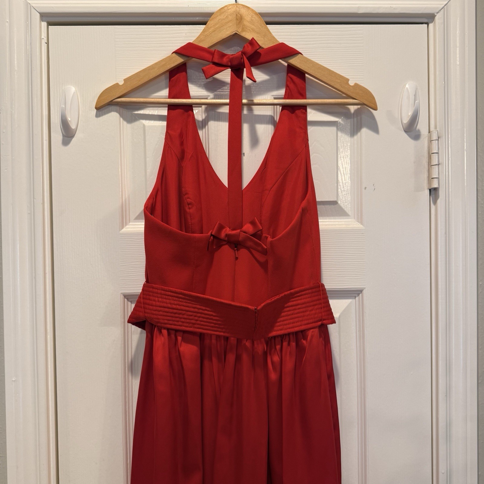 WHITE by Vera Want Halter Long Dress Red Satin Belted Slit Bow Occasion Formal