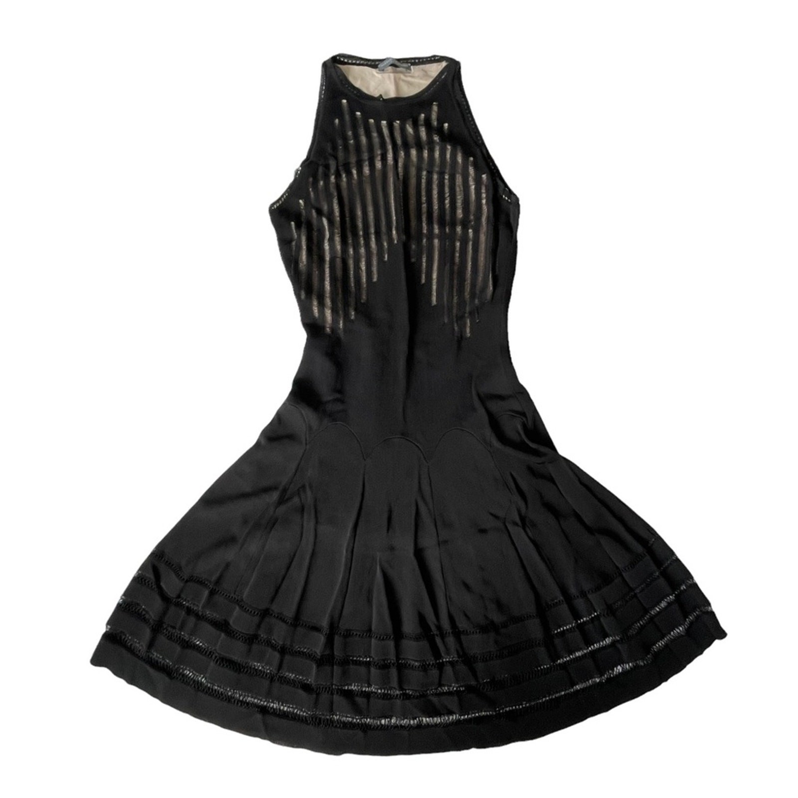 Alexander McQueen Knit Sheer Shirred Dress A Line Cocktail Party Black S EUC