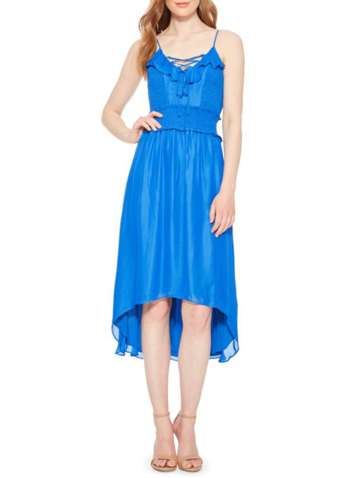 PARKER Womens Blue Tie Adjustable Straps Spaghetti Strap Midi Hi-Lo Dress 4