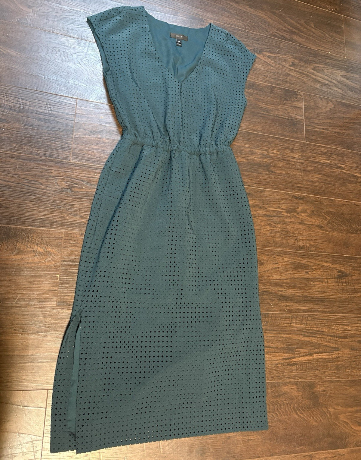 J.Crew Petite 00P Green Perforated Midi Dress V-Neck Elastic Waist Work Dress