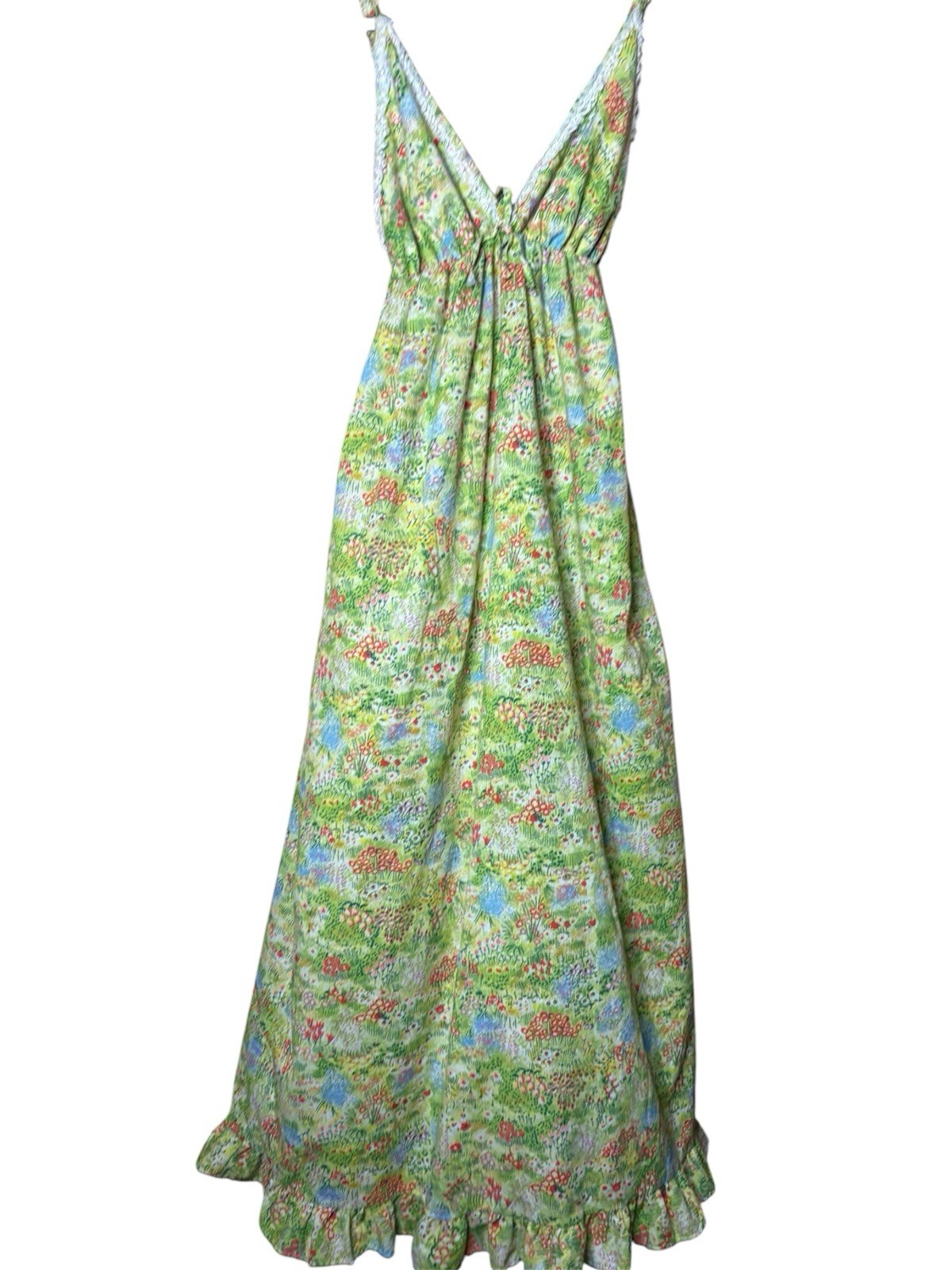 70s Maxi Dress Empire Waist Flowing Green Floral Sz L Boho Flower Hippie