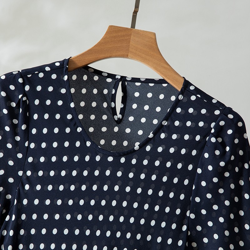 100% Mulbery Silk Navy Polka Dots Short Sleeve Fit Type Women Midi Dress QQ031