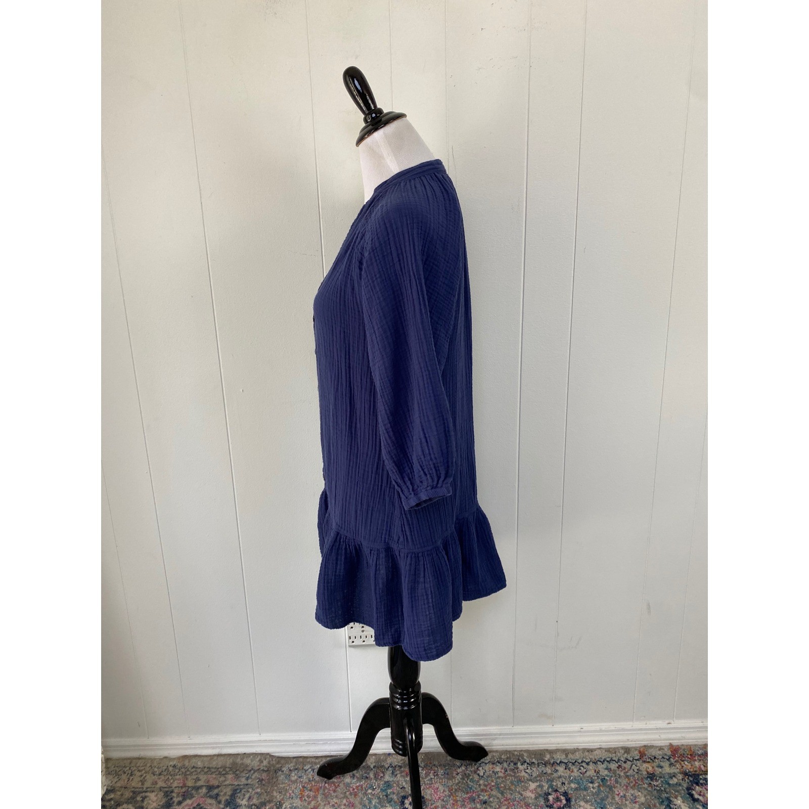 Stark X Womens Size Small Blue Double Gauze Cotton Ruffle Hem Mini Dress Coastal