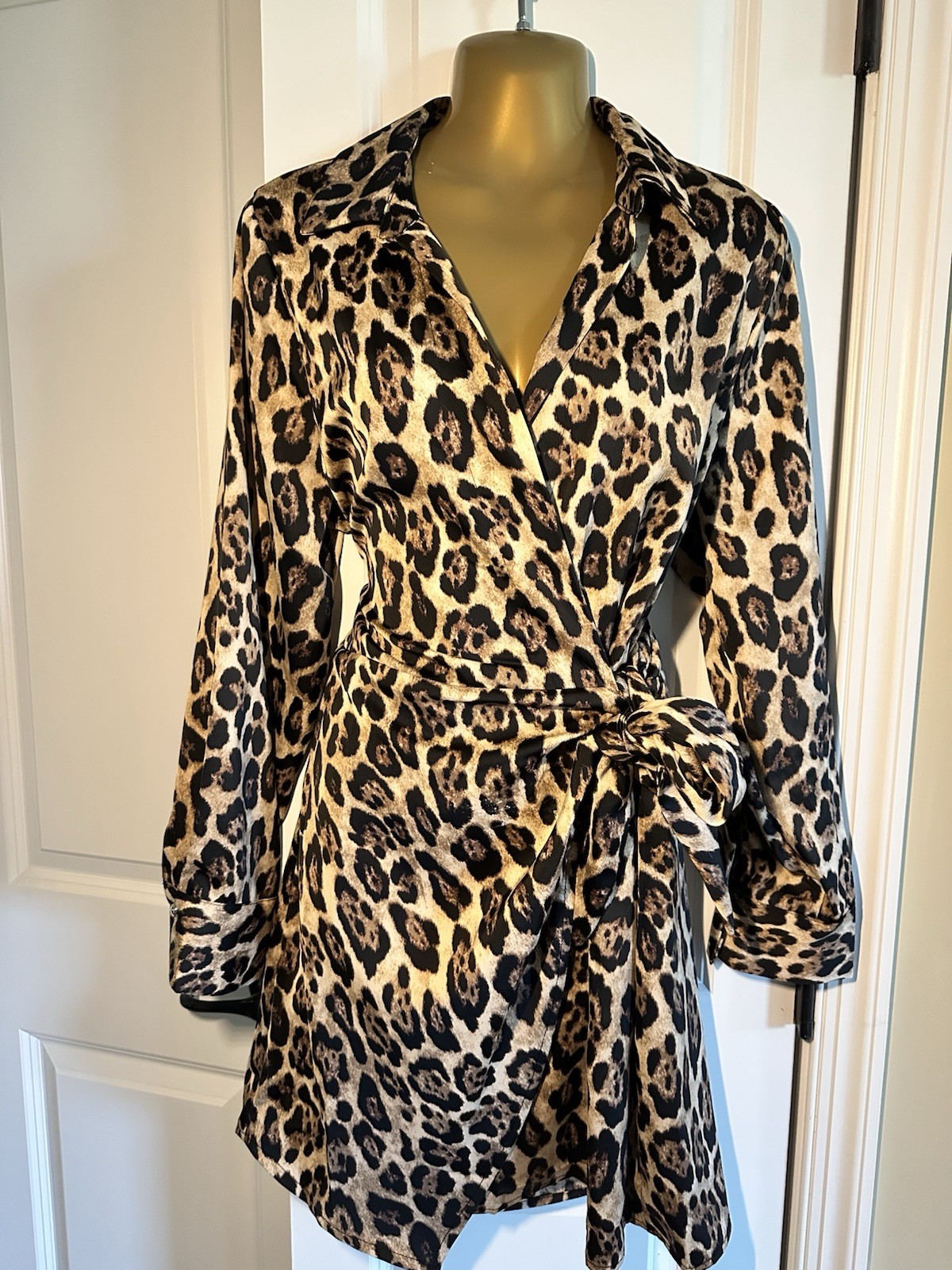 women’s leopard animal print wrap dress collared long sleeve belted tie L