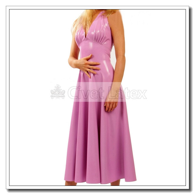 Latex Dress Halter Deep V Neck Backless Sundress Cup Pleated Customized D54