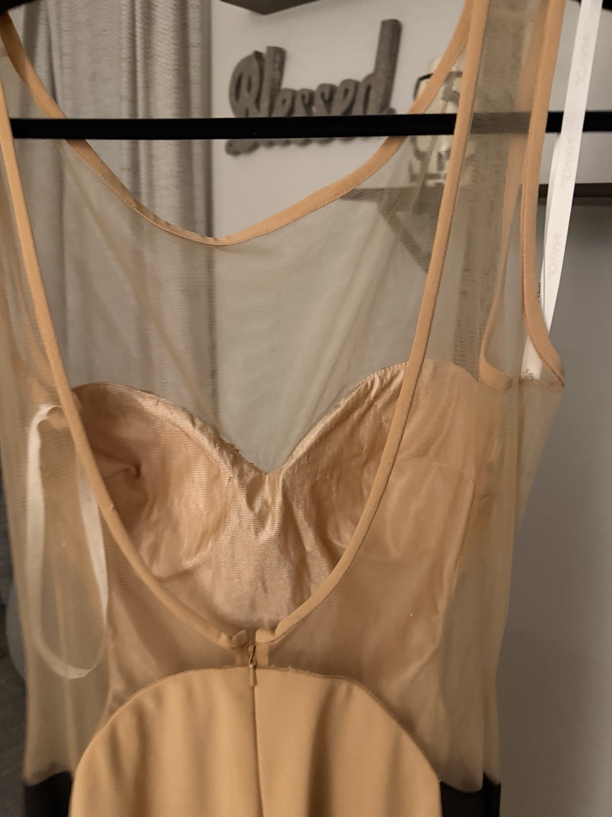Jovani Beige/Gold Beaded Mesh Sweetheart Bodycon Knee Dress Size 12