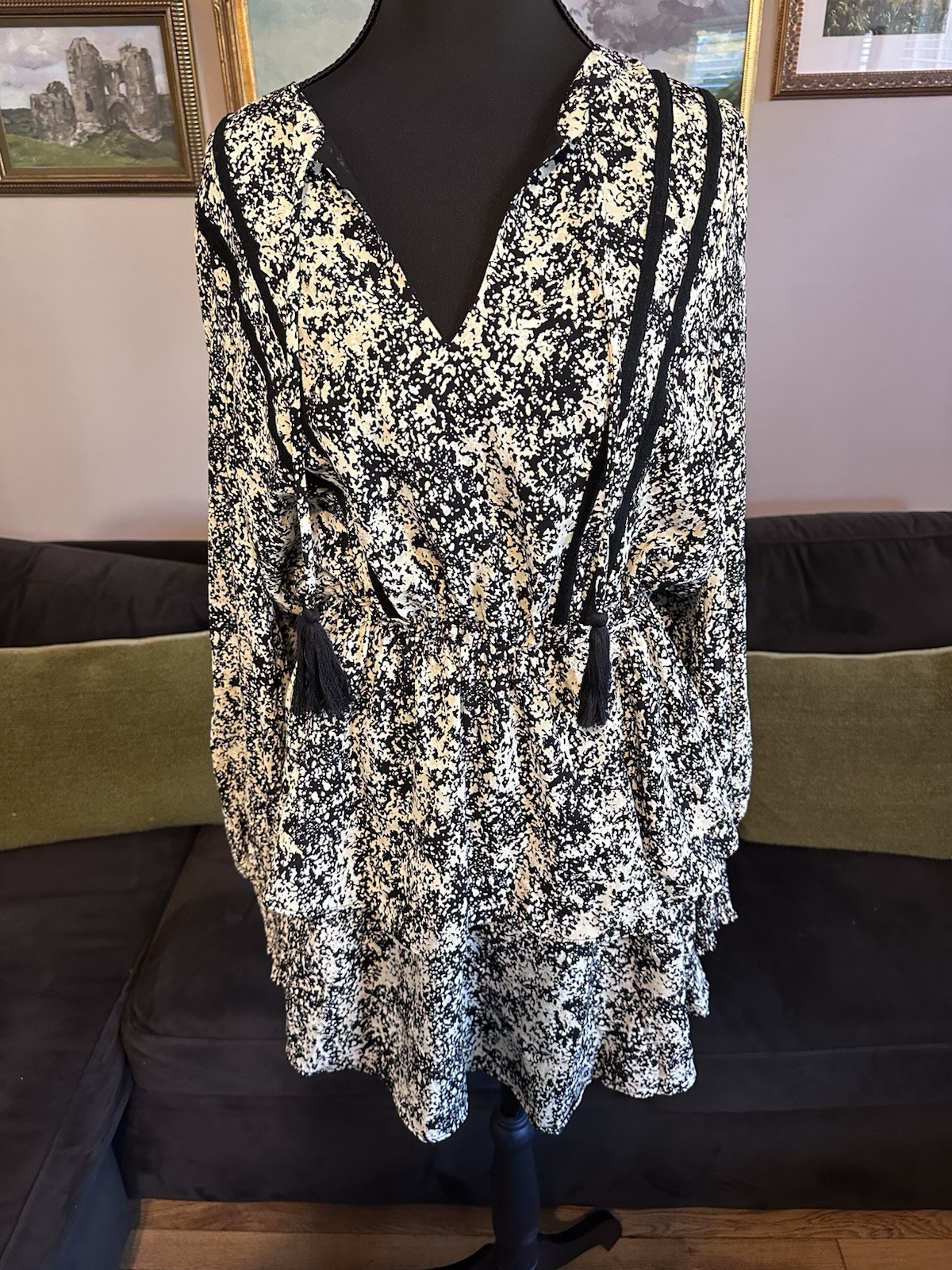 Allison New York New Black And White Mini Dress Tassel Cocktail Boho Peasant