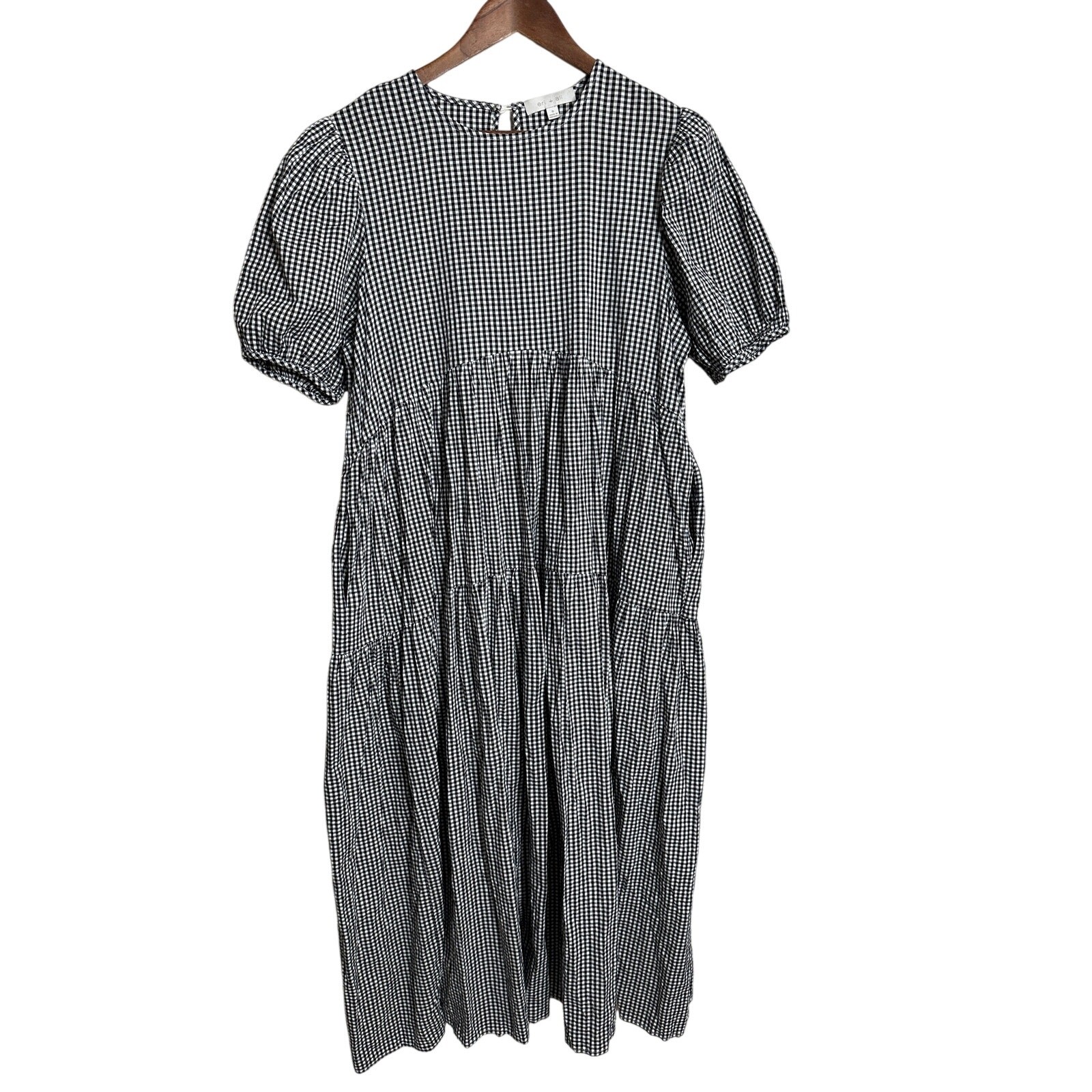 Eri + Ali Evaline Maxi Dress size S Black White Gingham Tiered Puff Sleeve