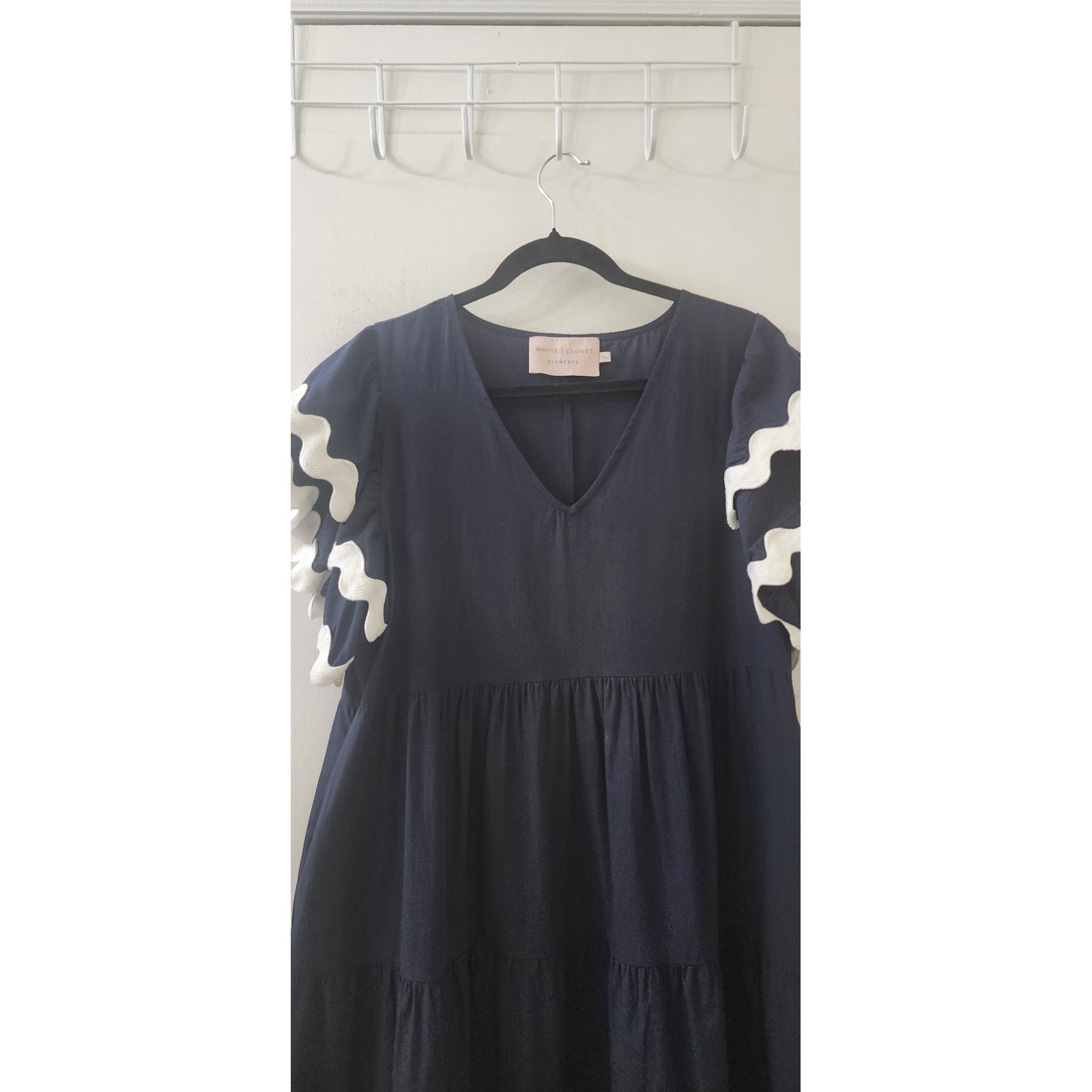 White Closet Elements Navy Blue Ric Rac Tiered Cotton Midi Dress XL