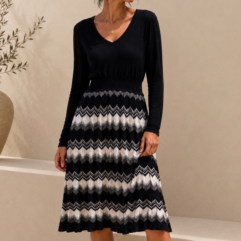 Appraisal Black Chevron Pleated Knit Sweater Dress Gray White 3/4 Sleeve L Fall