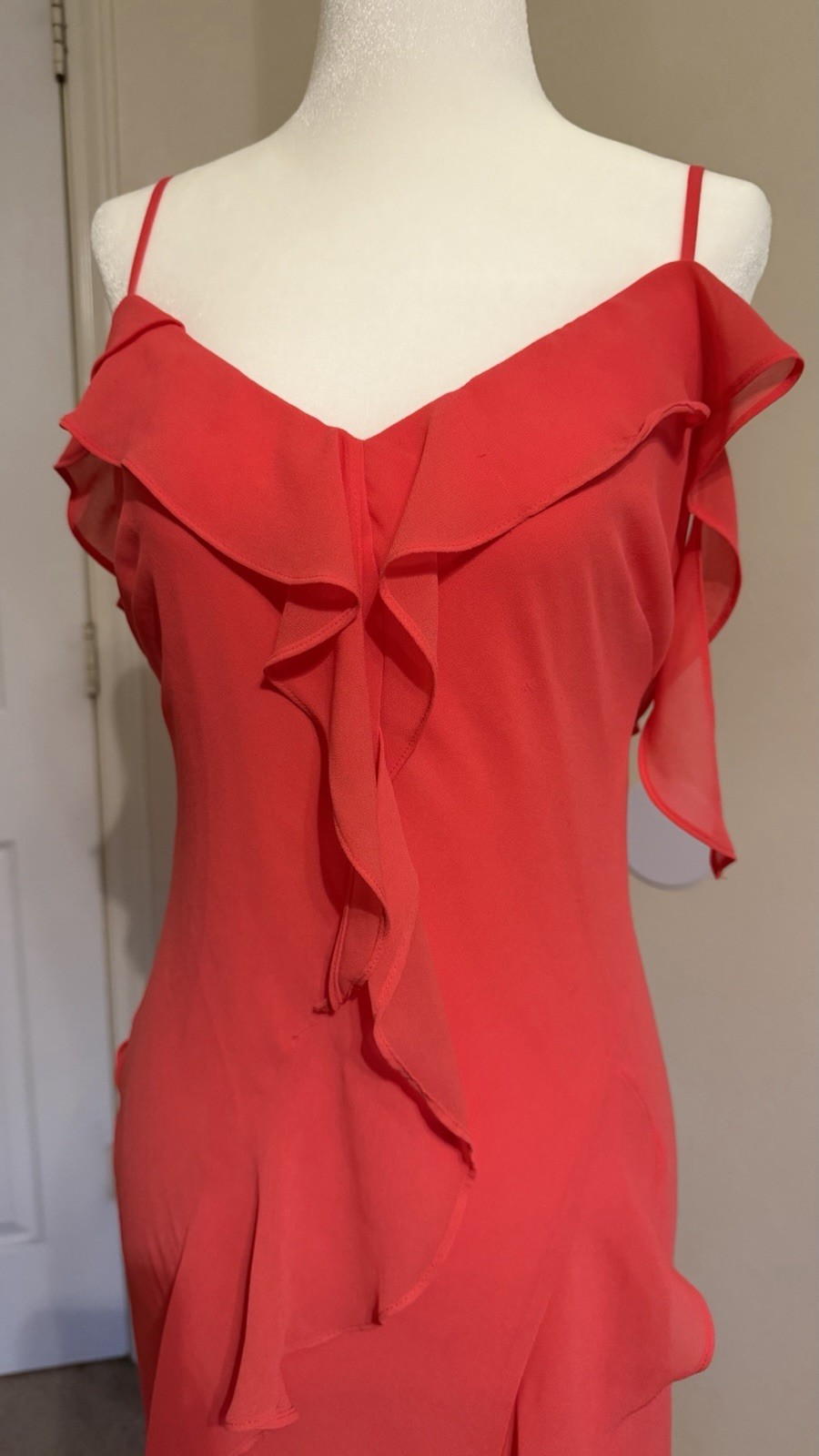 X by Xscape Coral Solid Ruffle V-Neck Strappy Sleeveless Maxi Dress Size 6