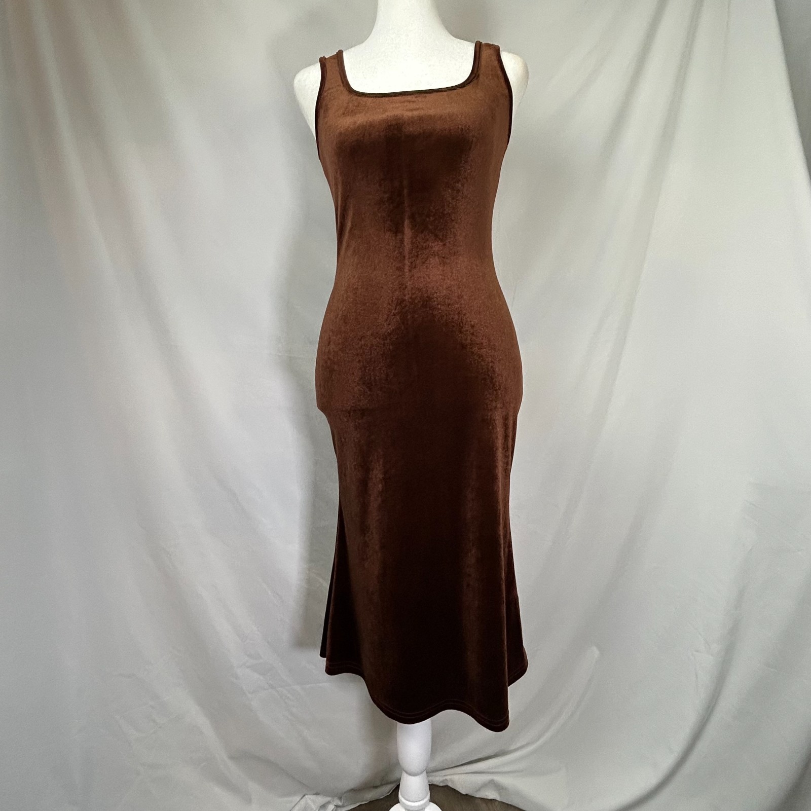 Commense Paradise Feeling Velvet Midi Dress Womens S Brown High Stretch Slim Fit