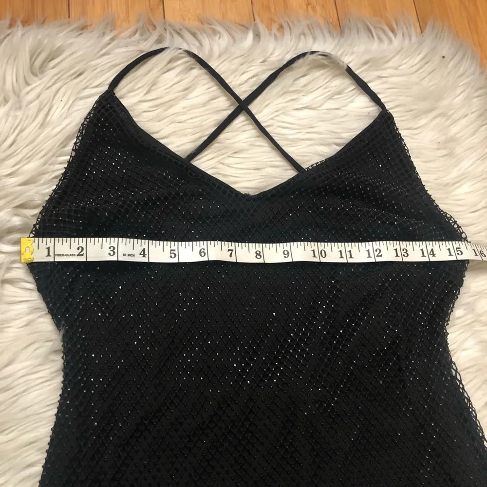 Windsor Good Vibes Fishnet Rhinestone Open Back Black Midi Dress L NWT