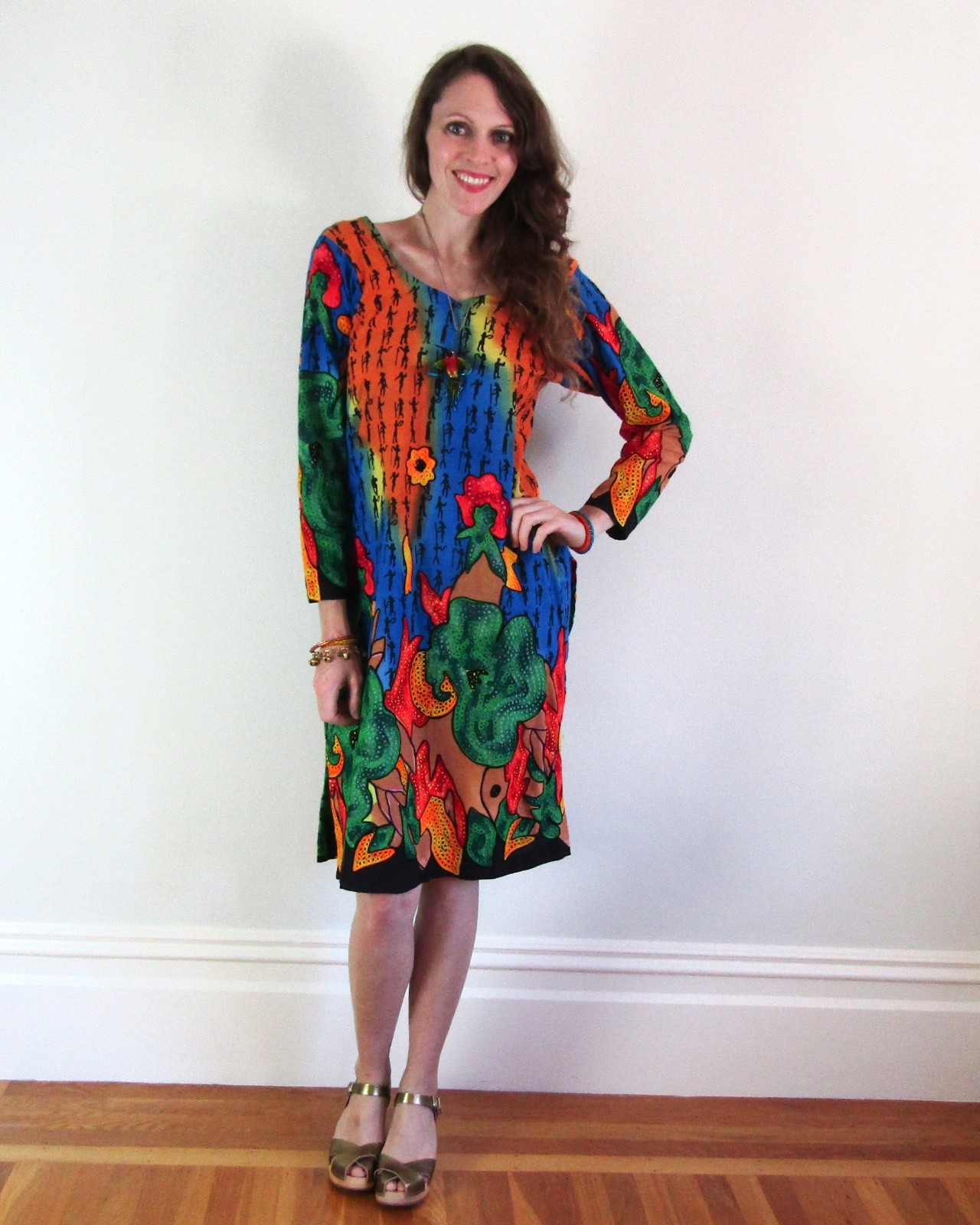 Vtg RAINBOW EMBROIDERED CAFTAN Egypt ethnic robe dress PSYCHEDELIC HIPPIE SARI M