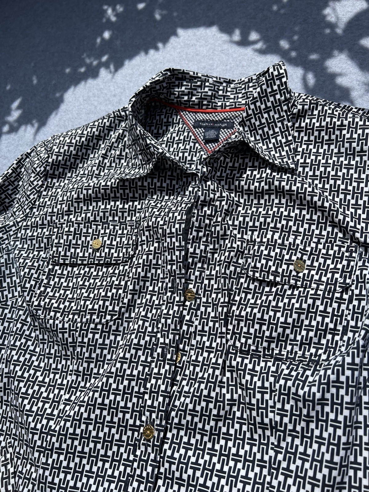 Tommy Hilfiger Geometric Cotton Shirt Dress Belted Pockets L/G Knee Length