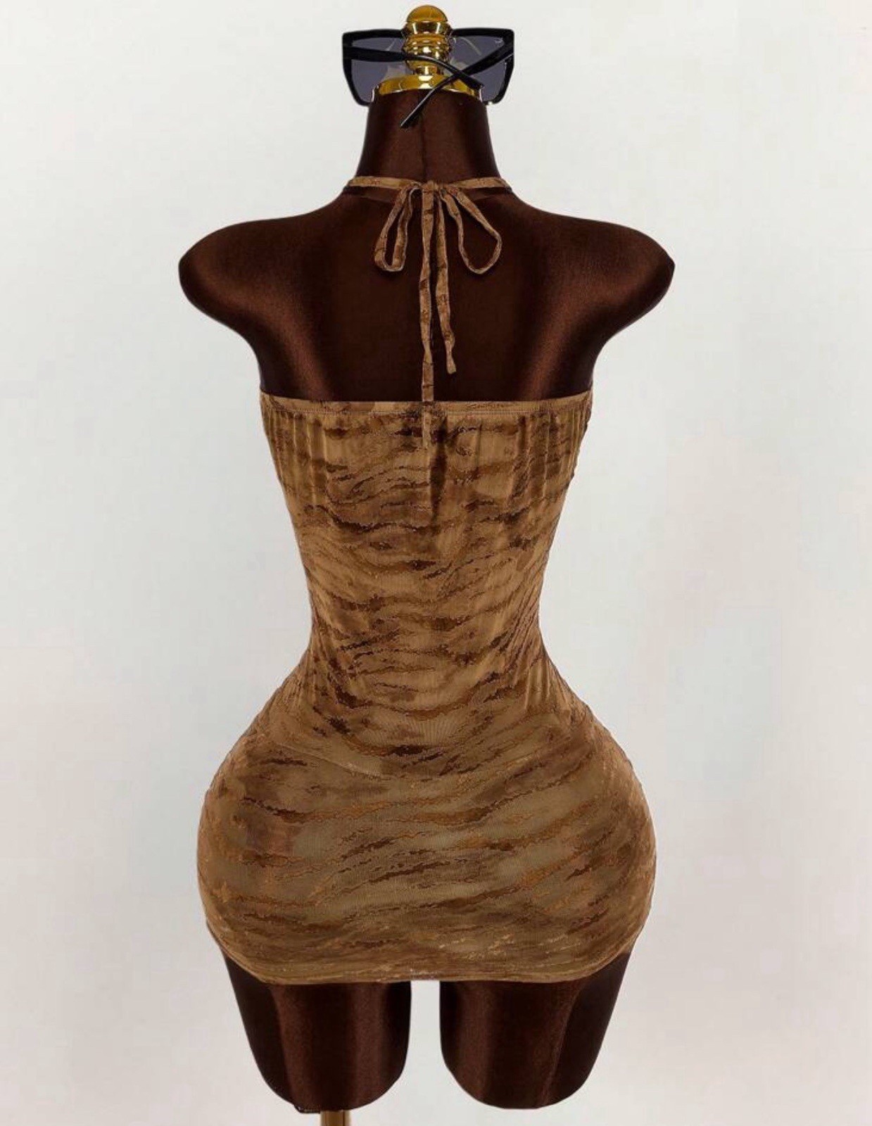 Women’s Brown Halter Ruched Mesh Stretch Bodycon Mini Dress Size S
