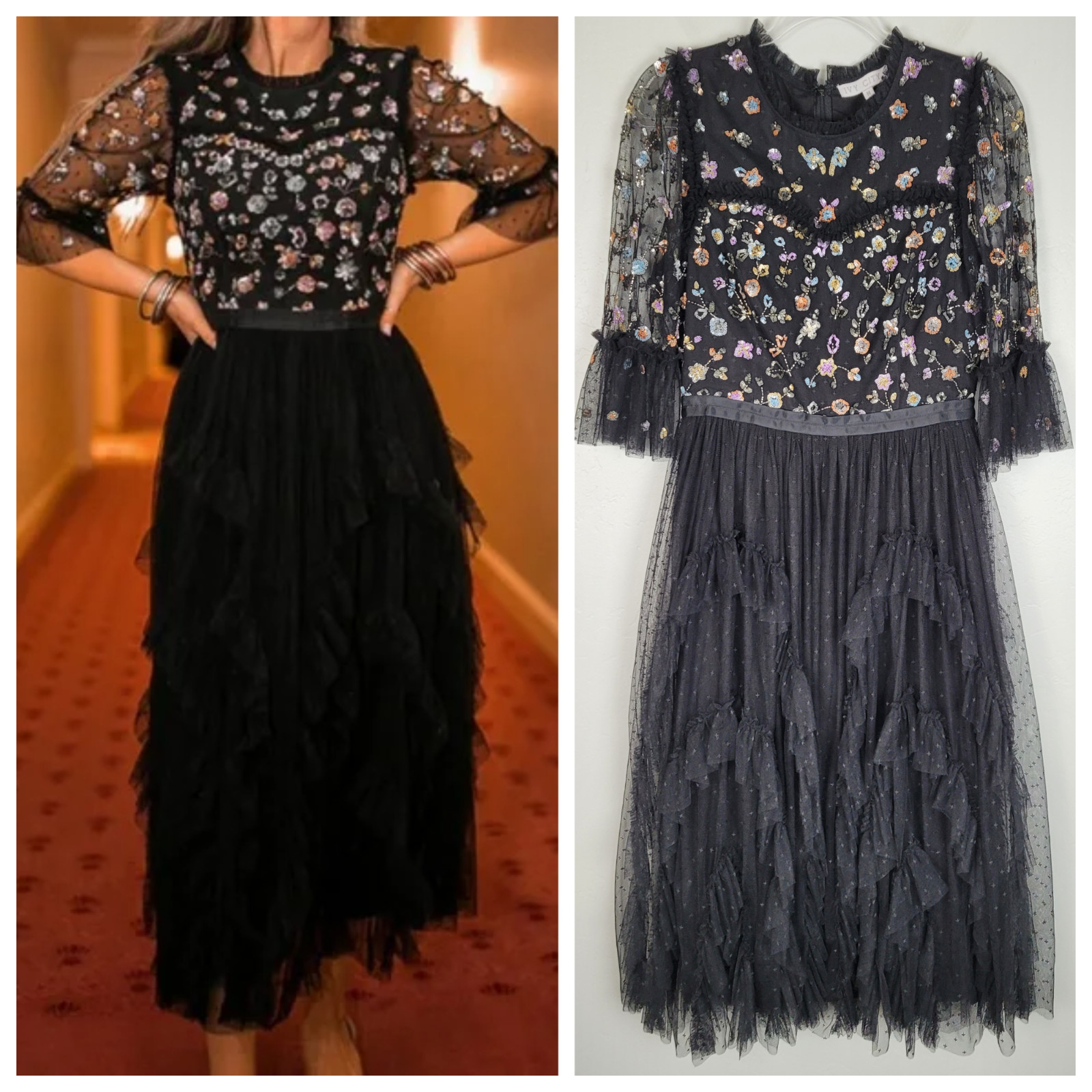 Ivy City Co Size M Paris Dress In Black 3/4 Sleeve Ruffle Multicolor Sequins