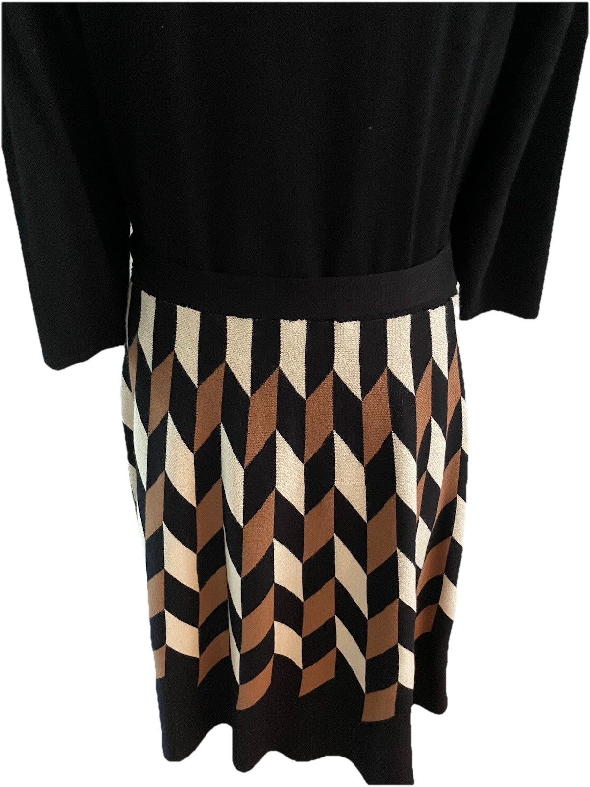 DANNY & NICOLE Black/Cream/Tan Geometric 3/4 Sleeve Belt Sweater Dress Sz L