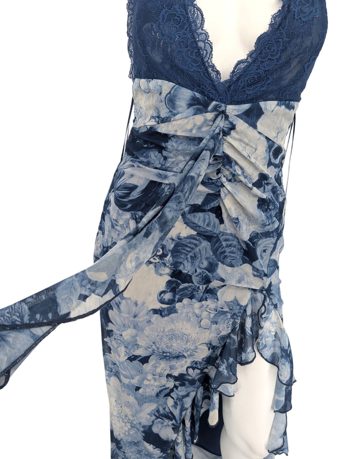 Floral Mesh Halter Midi Dress Open Back Ruched Side Slit Ruffle Cocktail Medium