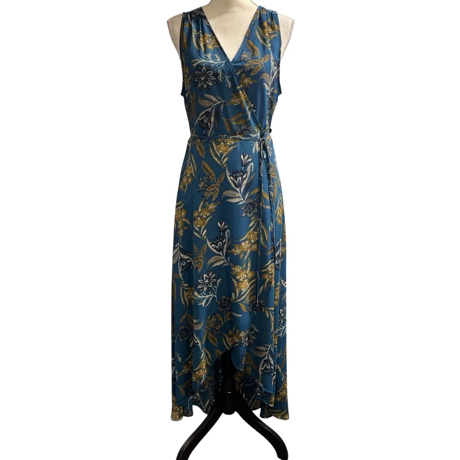 Allison Joy Wrap Dress Blue Floral Sheer Chiffon Maxi Womens M Wedding Guest