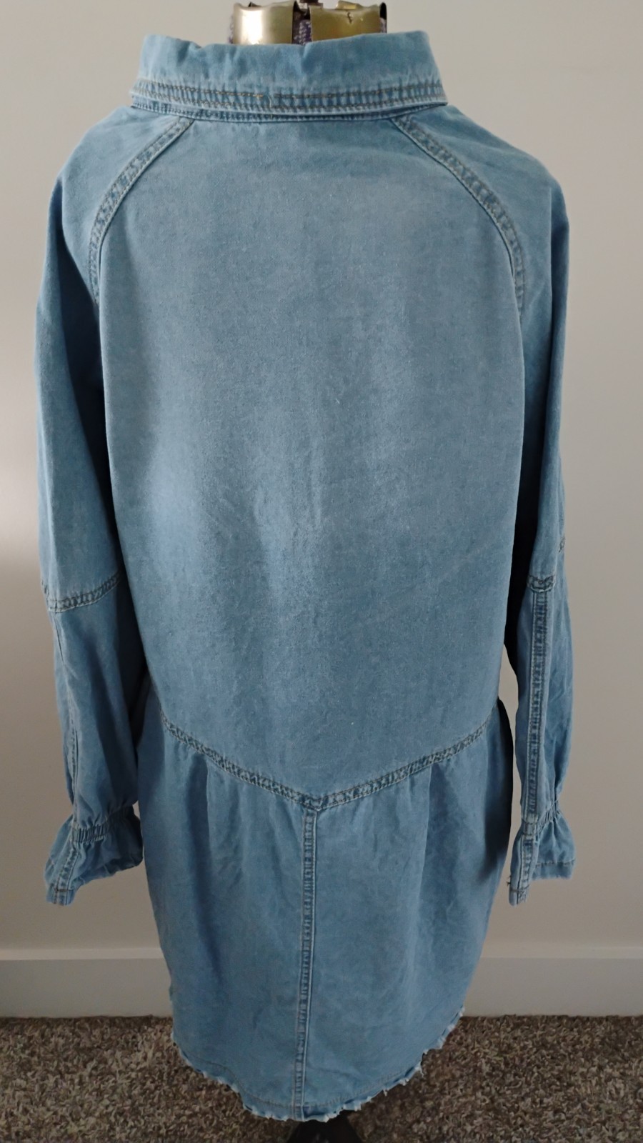 Denim Mini Dress Button Up Raglan Sleeve Distressed Hem Size L EUC