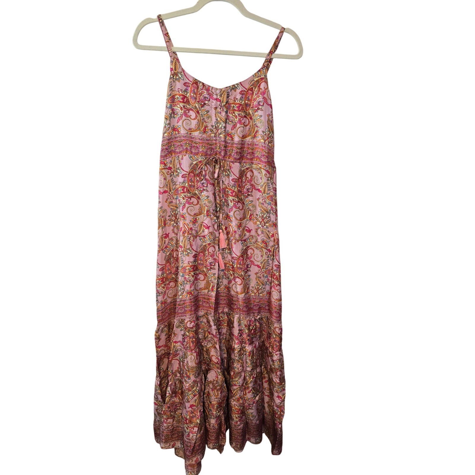 White Waves Pink Paisley Silk Blend Maxi Dress L/XL Boho Tassel Tiered New