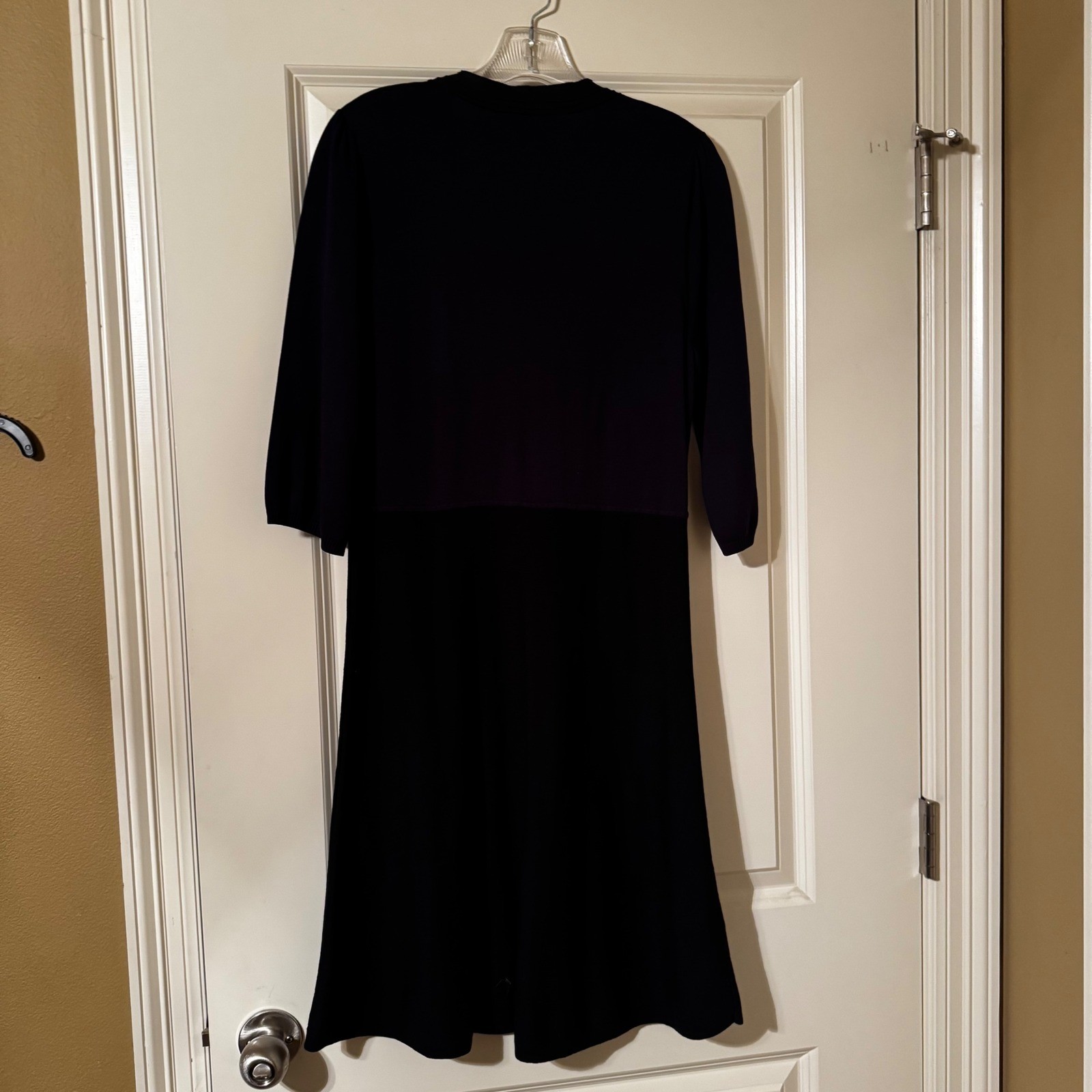 BCBGMAXAZRIA Navy Blue Black Silk Blend Ruffle Bib Knit Dress Large RN80734