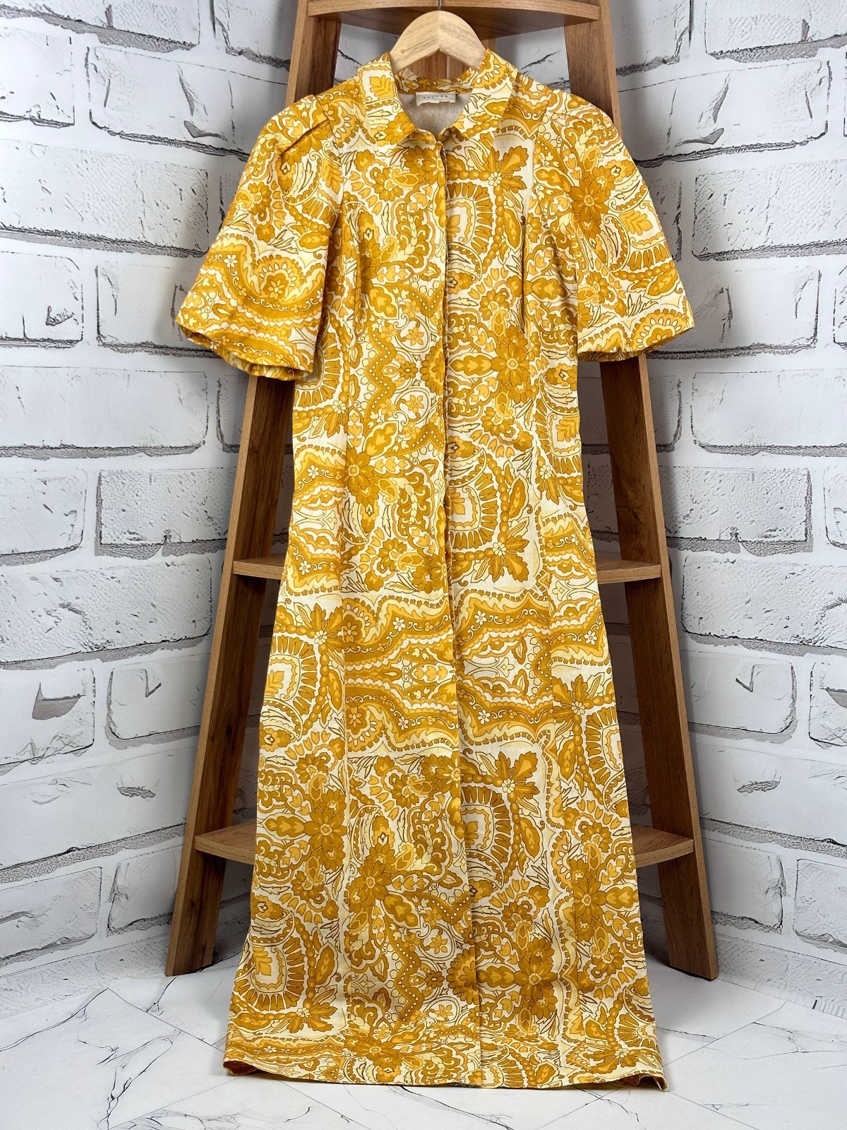 Sezane Paris Etia Pattern Short Sleeve Dress Cotton Linen Long Yellow Size 38