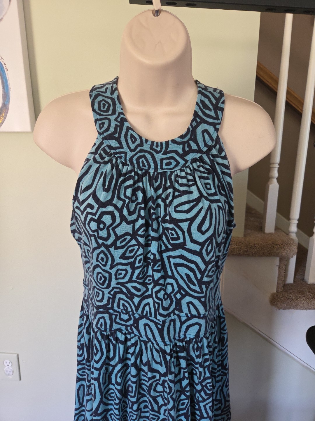 Ann Taylor Loft Turquoise and Black Geometric Patterned Maxi Dress, Size Small
