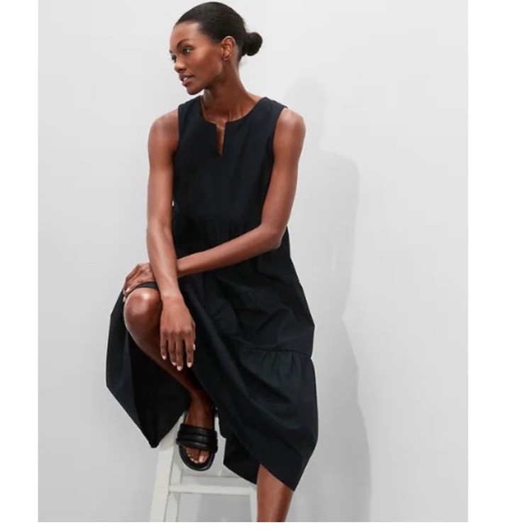 NWT Banana Republic notch v neck tiered midi dress black cotton small