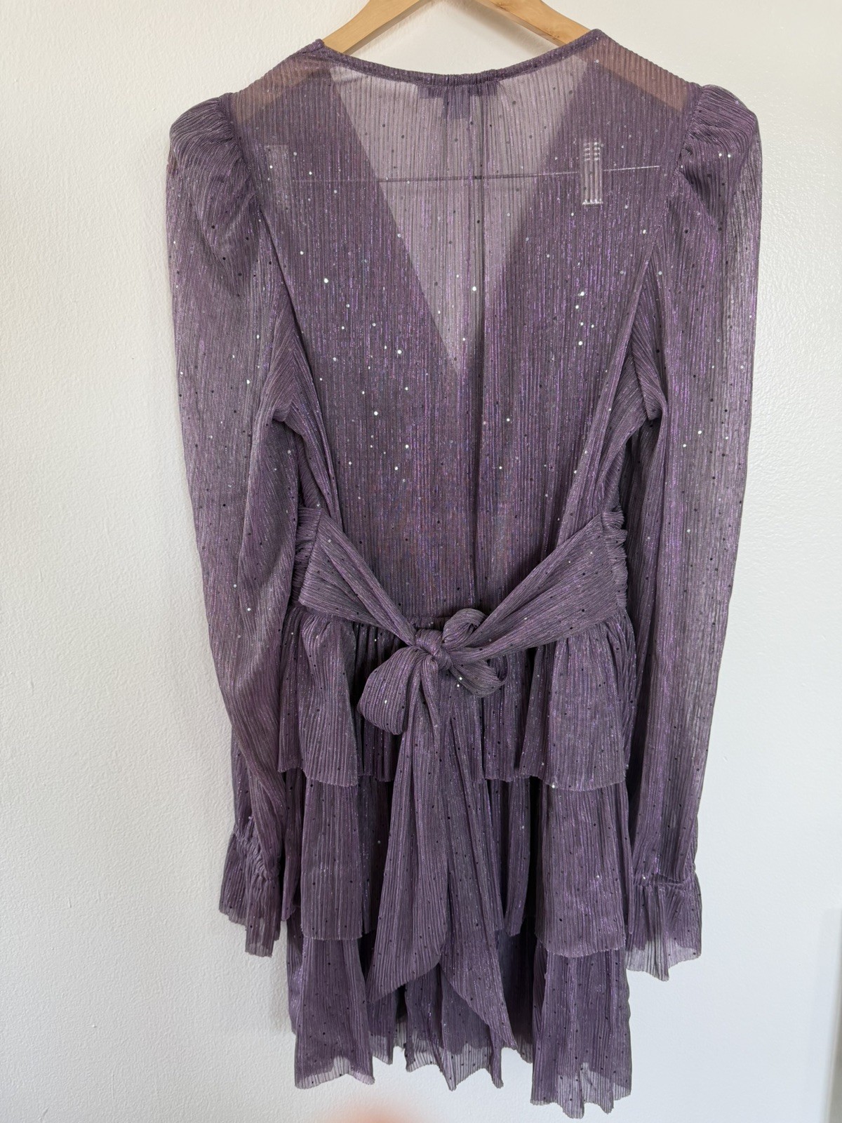 Sabrina Musayev Purple Glitter Pleated Sheer V-Neck Puff Sleeve Mini Dress M