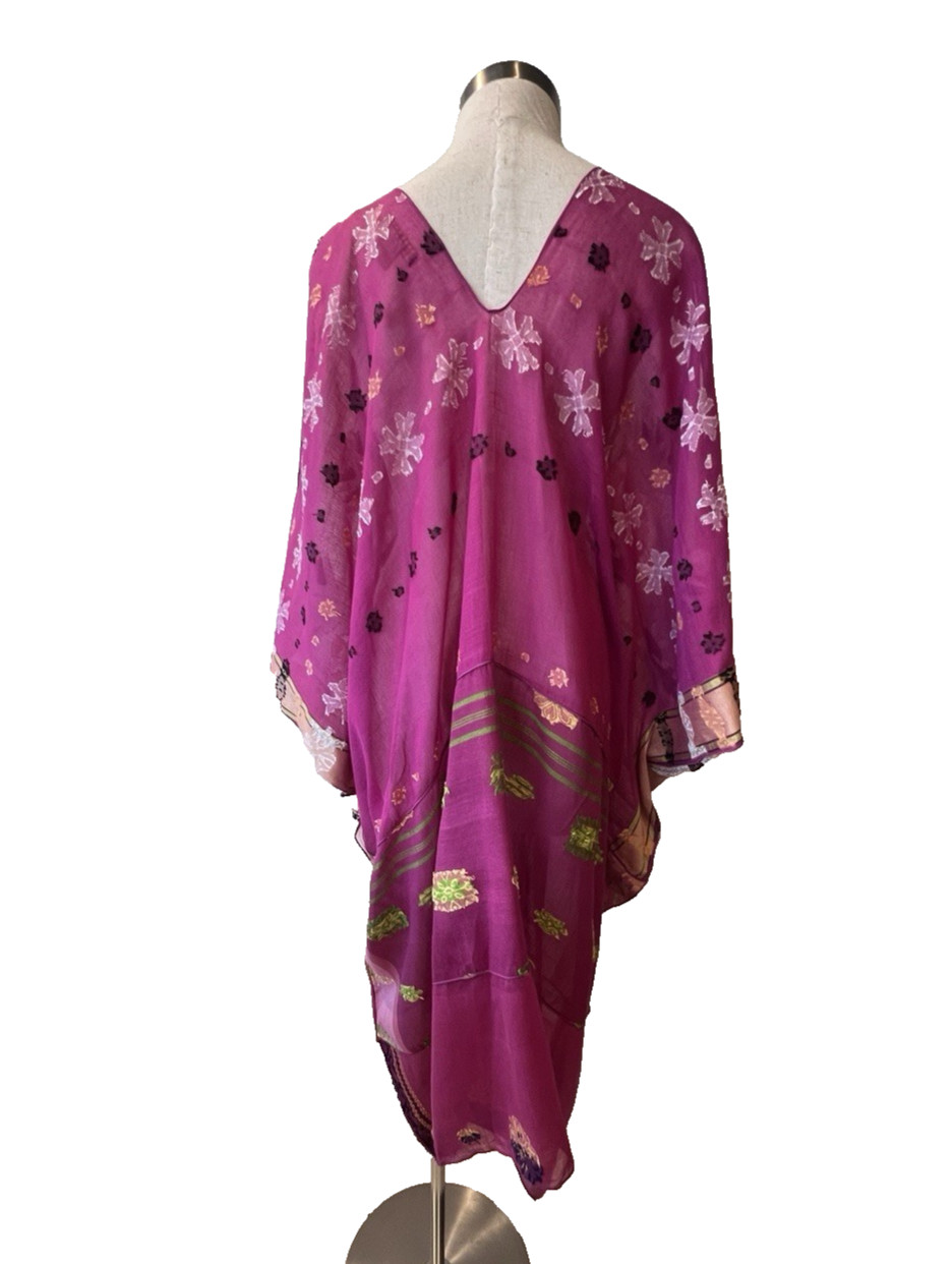 PAUL ROPP Pink/Gold/Black Fine Cotton Jacquard S/Less Kaftan Midi Dress One Size