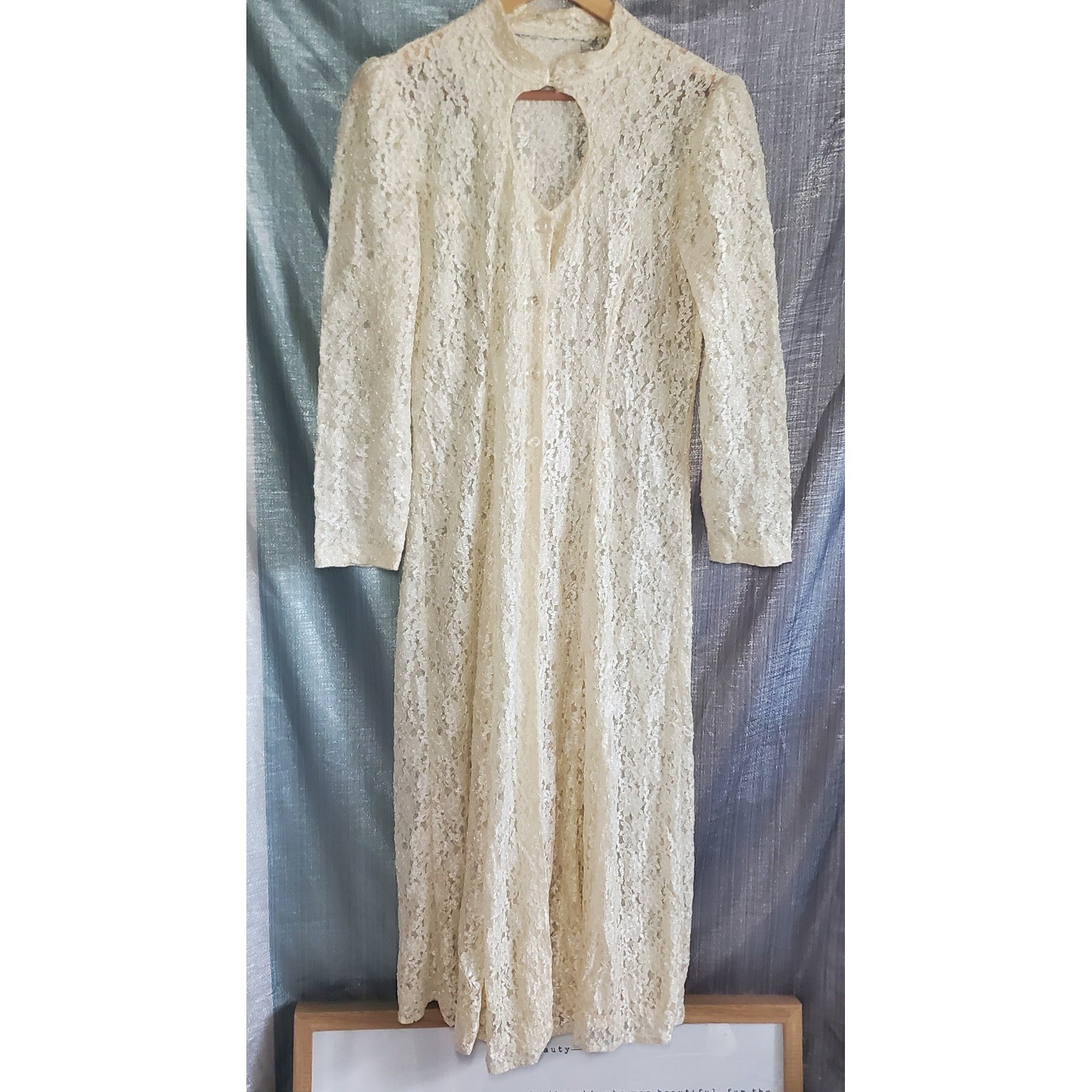 Vtg 80s Ivory Lace Dress Button Corset Back Wedding Fairy Prairie Sheer Romantic