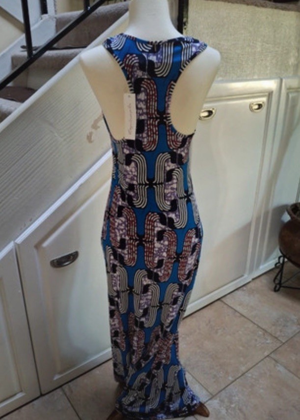 NWT MISA Los Angeles Blue Patterned Sleeveless Tank Maxi Dress. Size Large