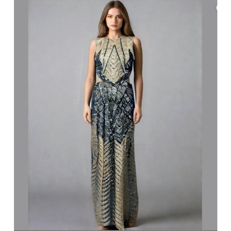 Venus Nude Black Sequin Formal Cut Out Side Sleeveless Evening Dress Gown 4