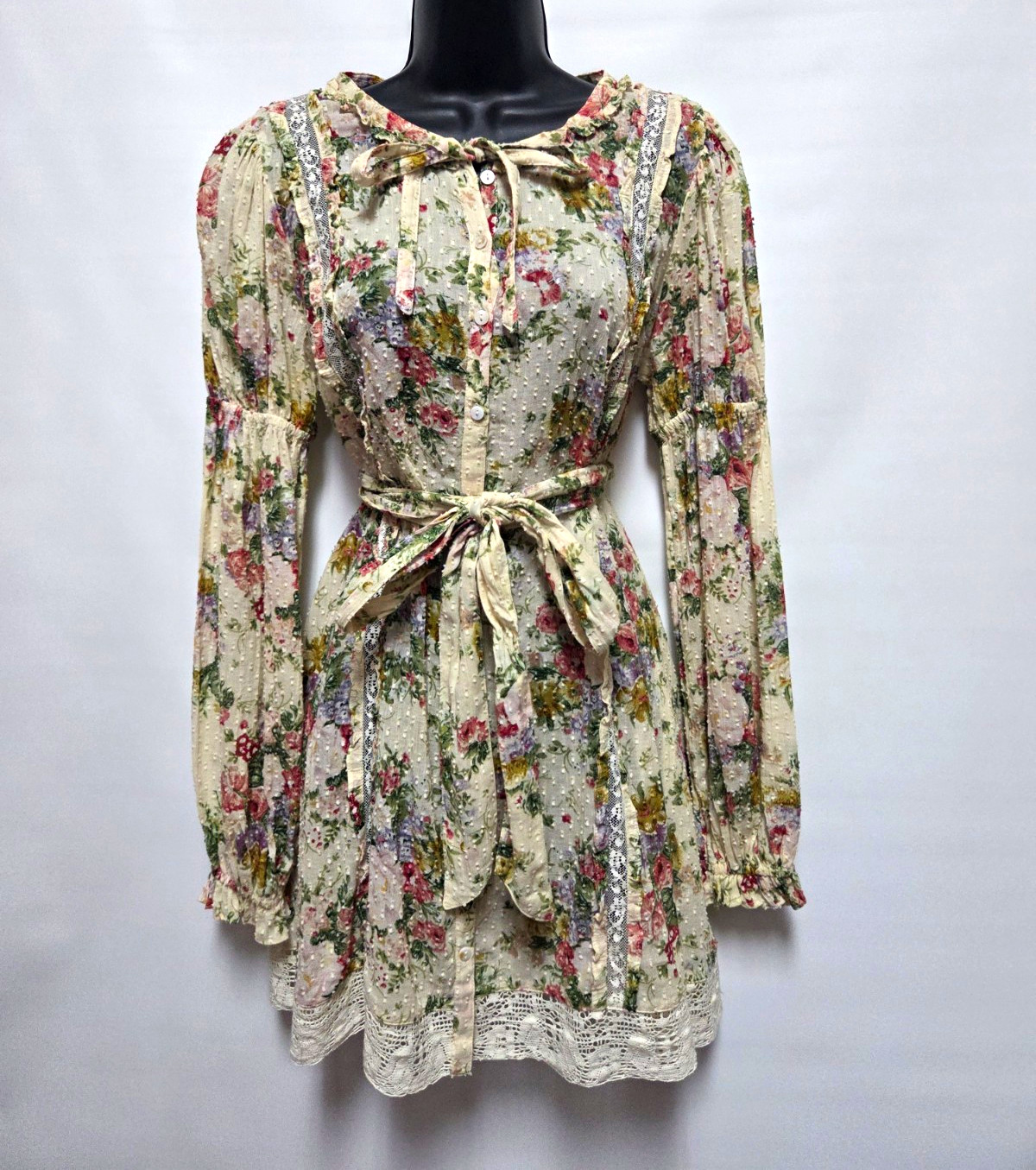 LOVESHACKFANCY Floral Long Sleeve Round Neck Lace Trim Belted Mini Dress S