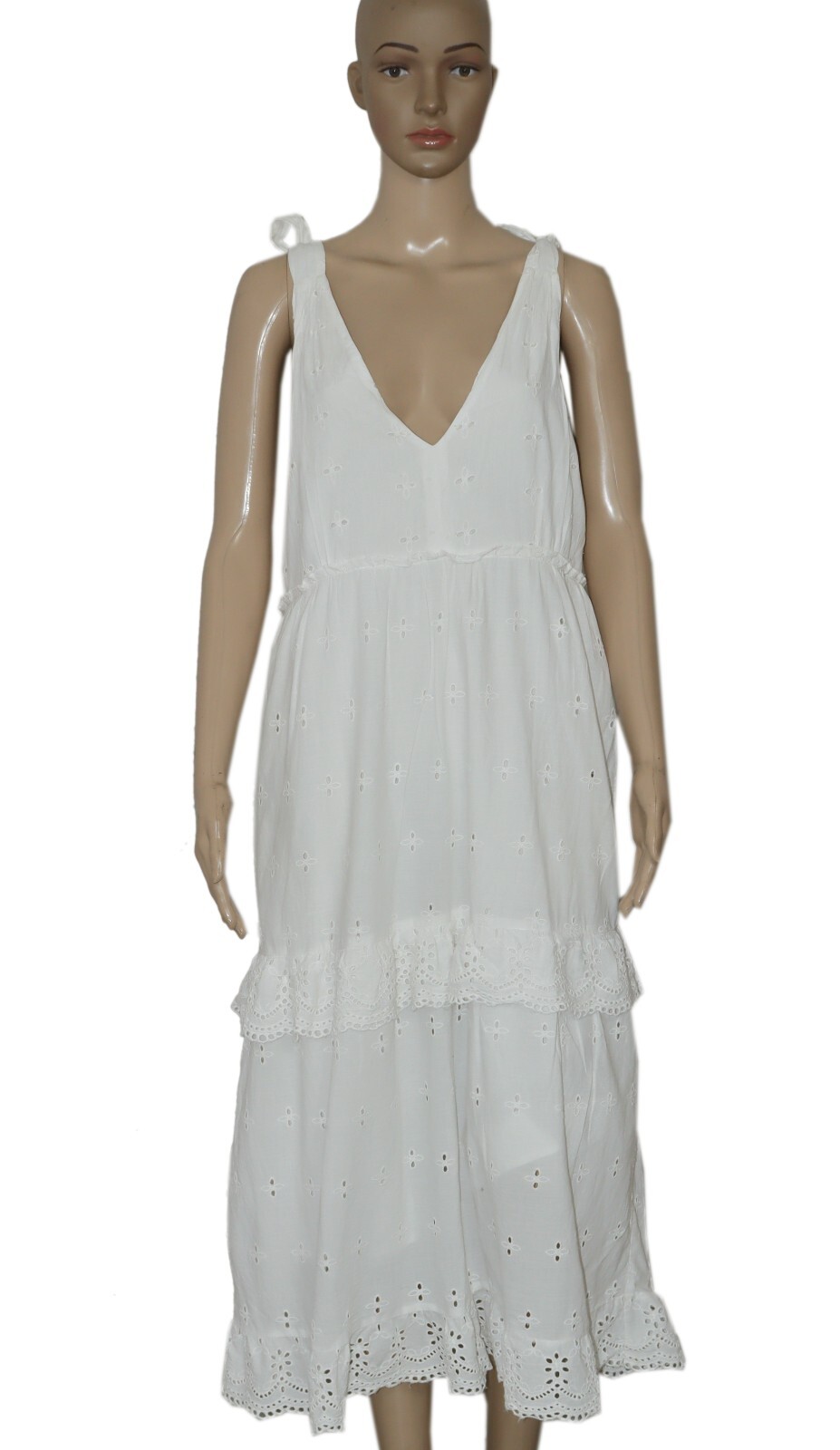 Joop & Gypsy Eyelet Embroidered Ruffle Tie Shoulder White Maxi Dress New M 10