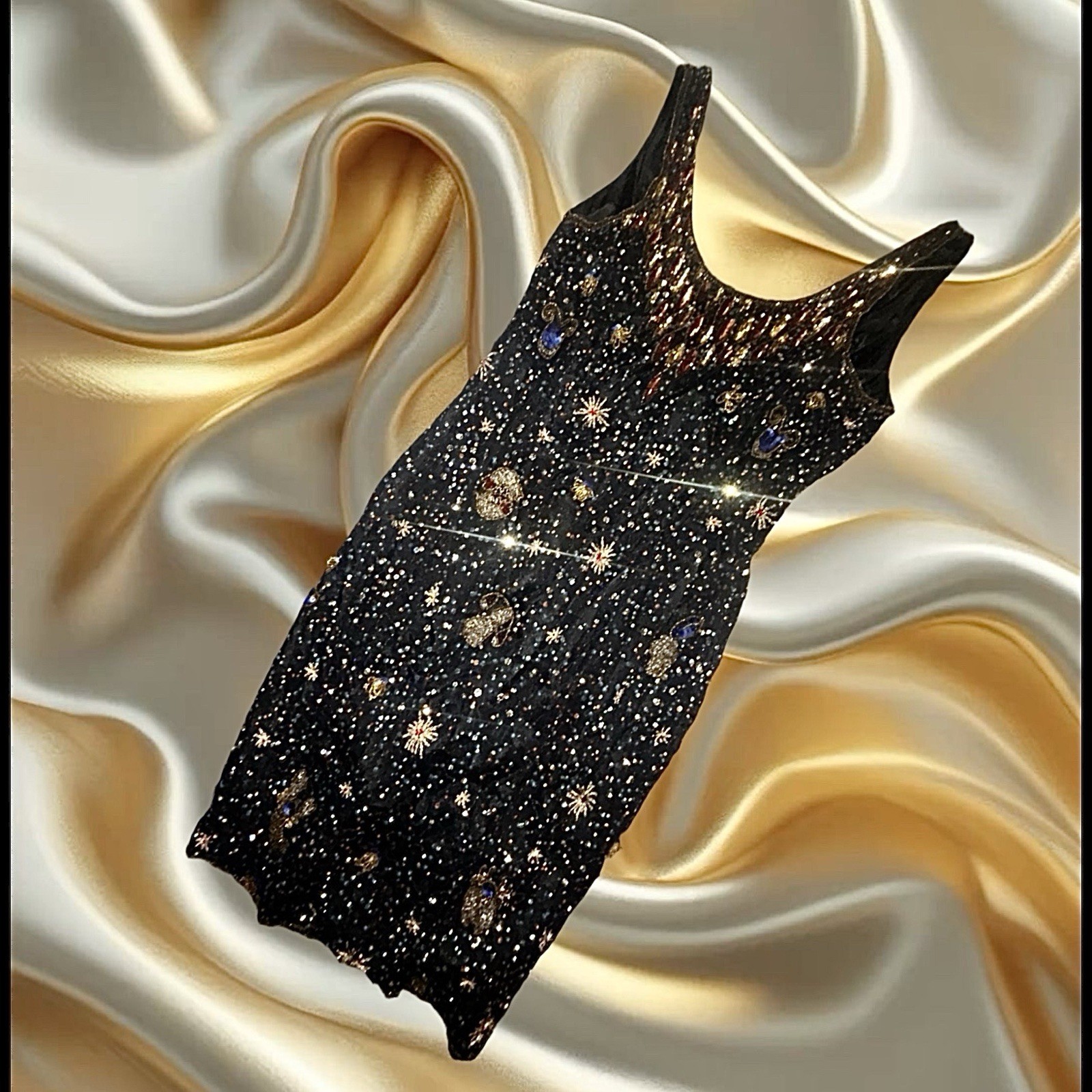 Rare VTG 90s Hand beaded Silk cosmic Celestial Horoscope Zodiac Mini Dress s