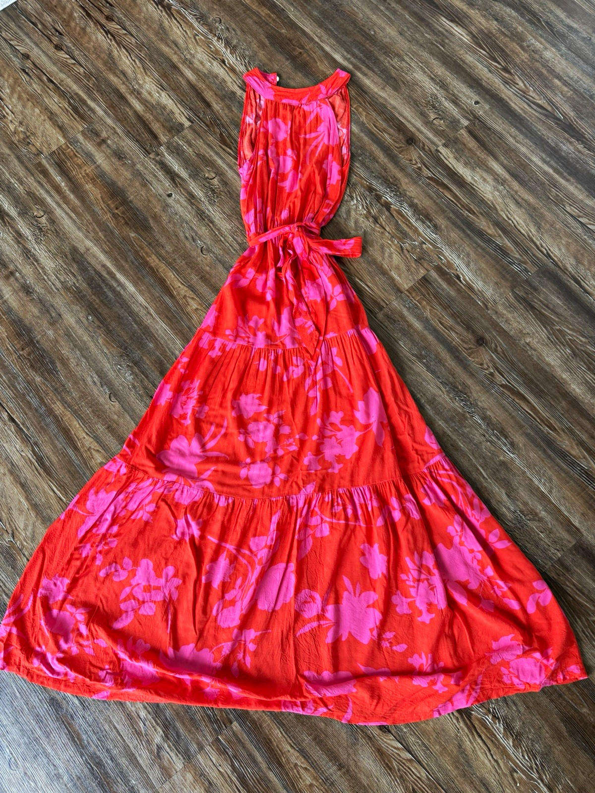 Pink Orange Floral Halter Sleeveless Maxi Sundress, Size S, Tie belt