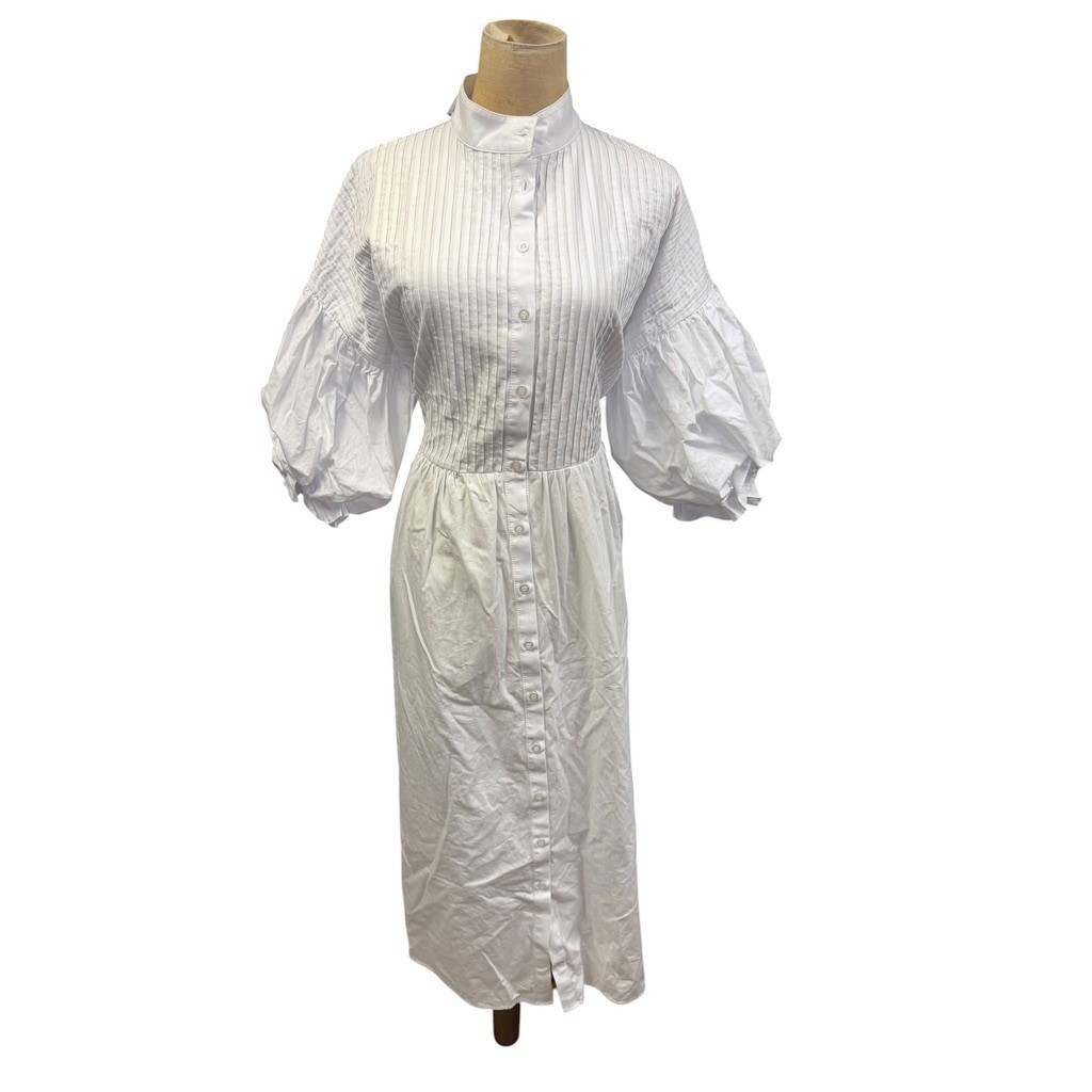 Marielle Almelo White Phoebe Pintuck Smocked Puff Sleeve Midi Button Front Dress