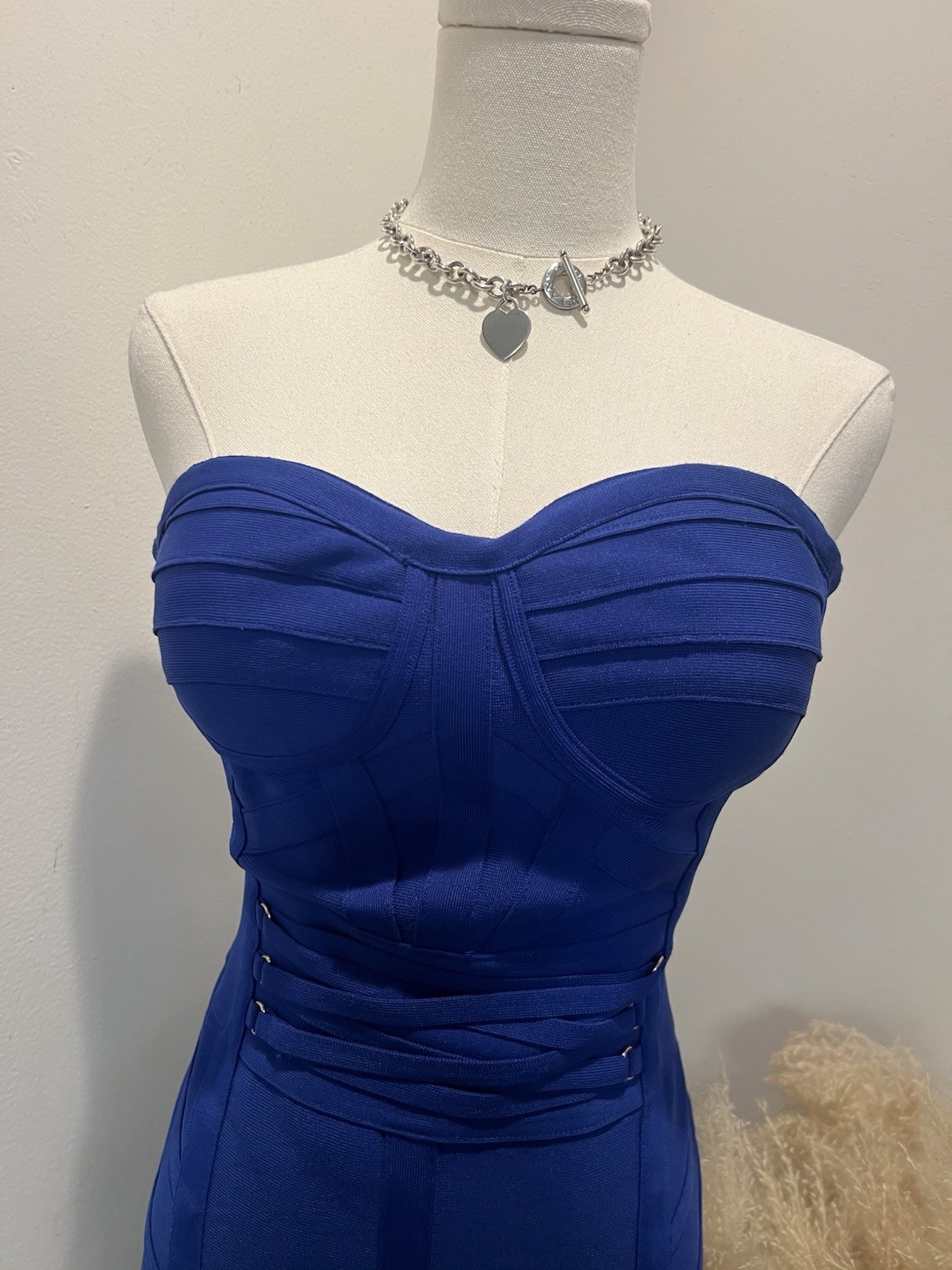 Hybrid & Company Blue Solid Sweetheart Strapless Bodycon Pleated Dress L