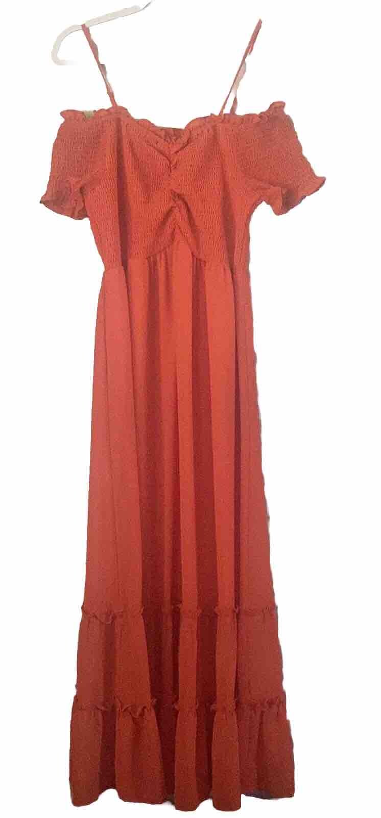 She + Sky Coral Red Off-the-Shoulder L Midi Dress Spaghetti Straps Summer Dress
