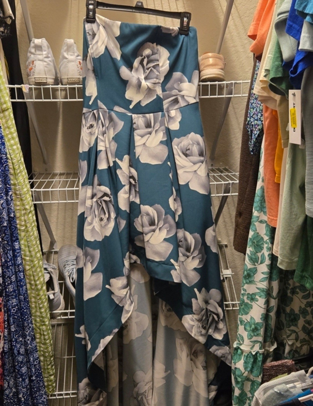 Women’s Blue White Floral Strapless Pleated Satin Maxi Dress Size 18