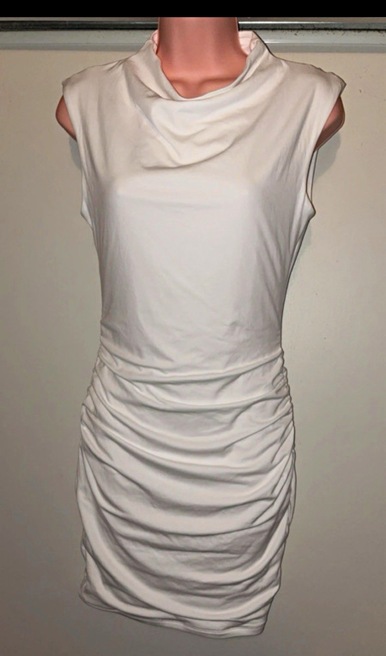 White Solid Ruched Sleeveless Cowl Neck Mini Dress, Women’s Regular Size M