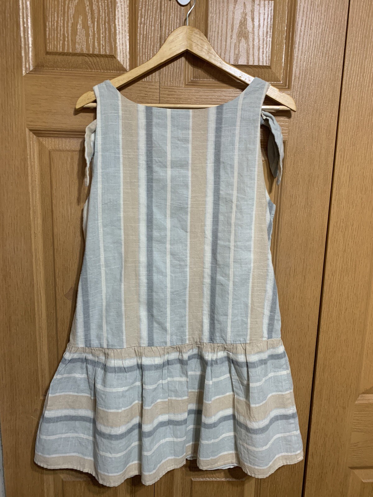 Striped Tie Strap Sundress Button Front Ruffle Hem Knee Length Medium