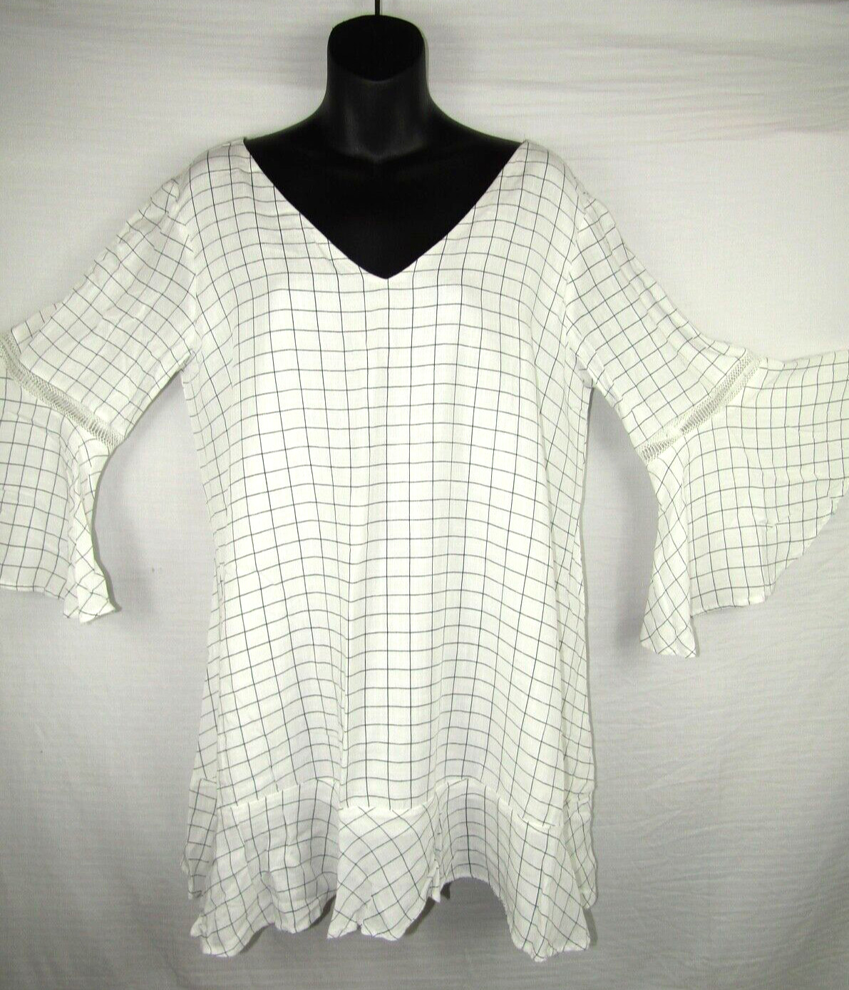 Sancia Windowpane Shift Mini Dress Small White Multi 3/4 Flutter Sleeve V Neck