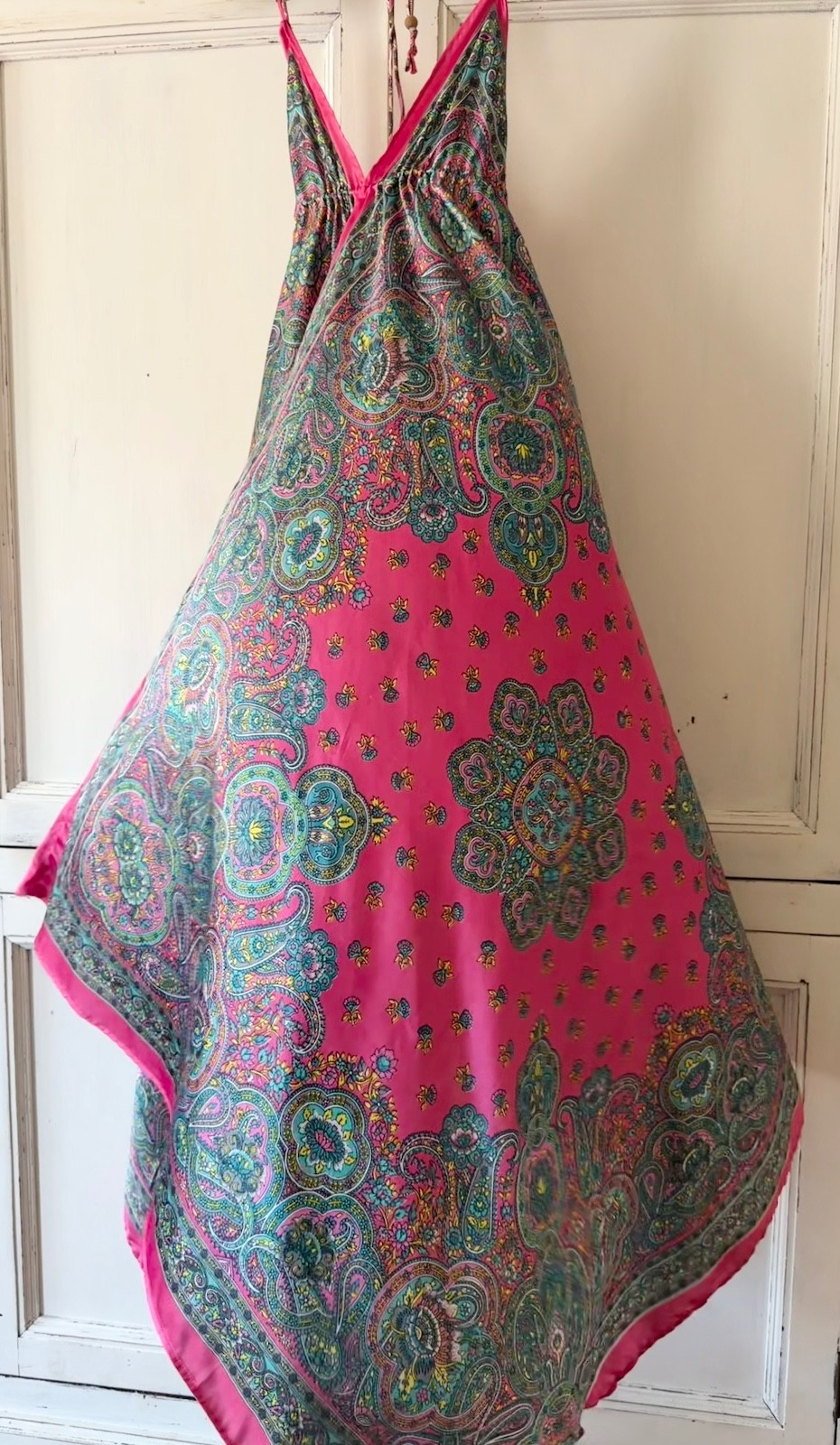 long satin boho dress hot pink turquoise halter top low back excellent condition