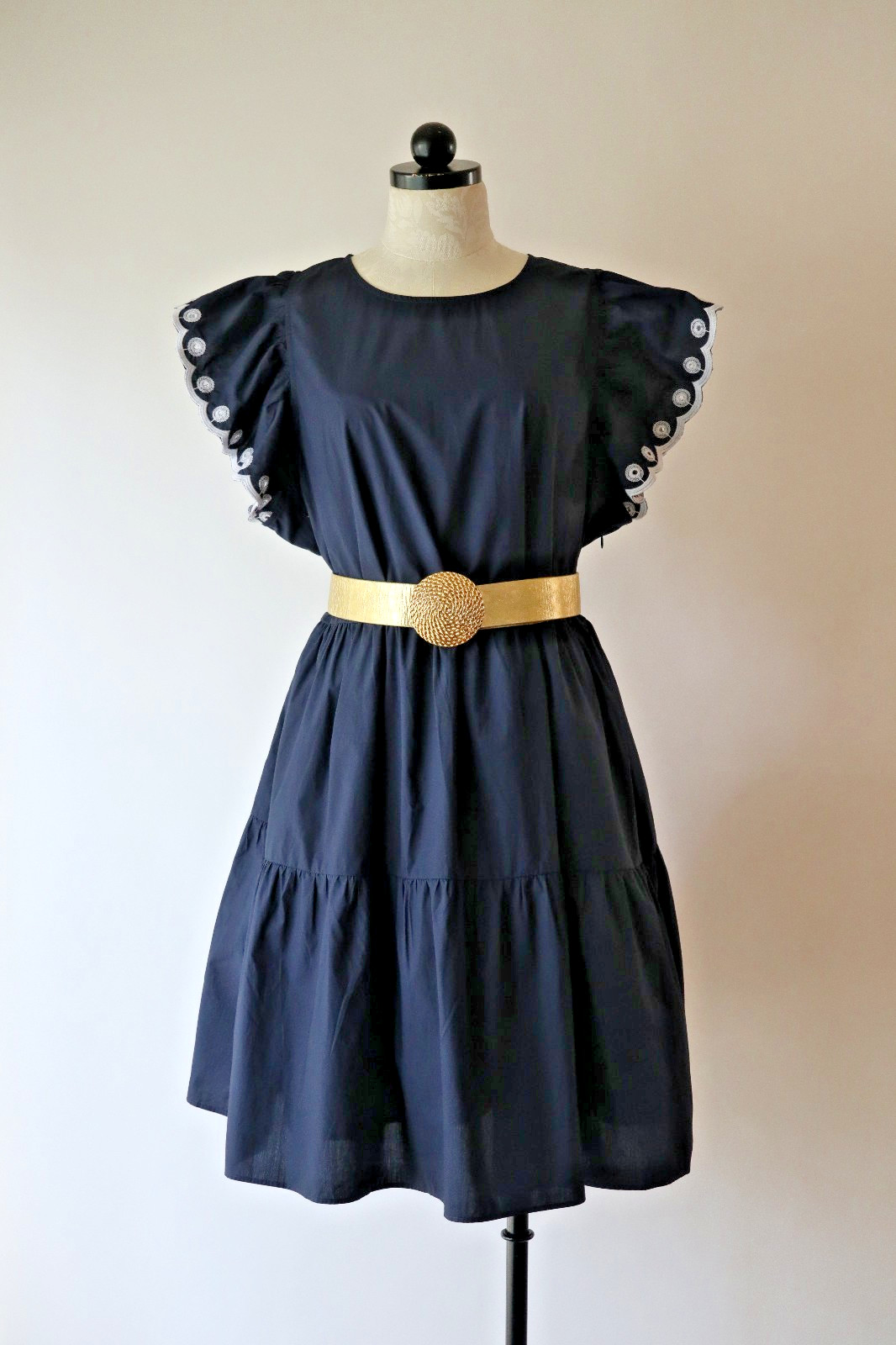 J CREW Navy Blue Cotton White Embroidered Ruffle Sleeve Babydoll Dress Women 2X