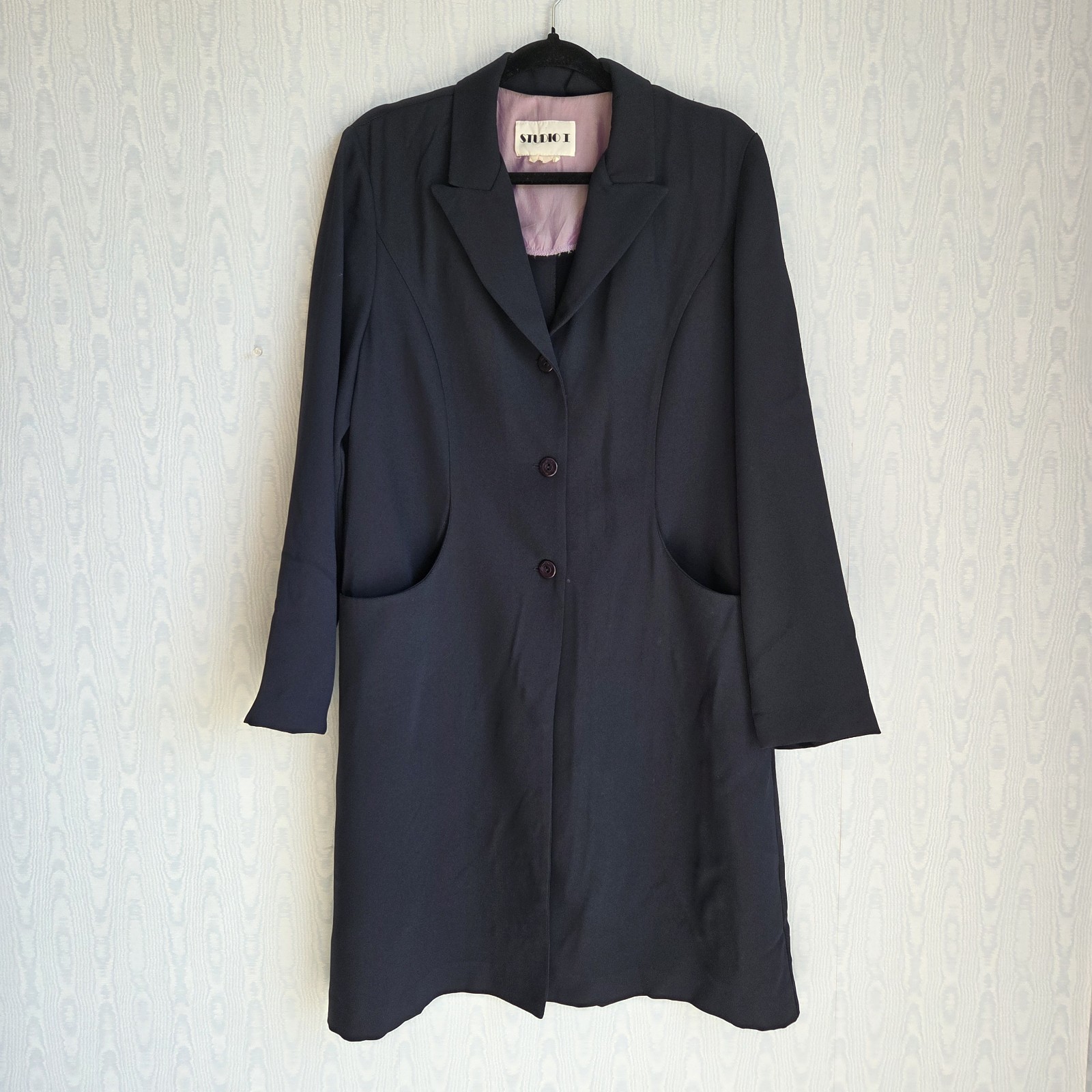 Vtg 90s Studio I Jacket Dress Womens Large Longline 3 Button Knee Length Navy