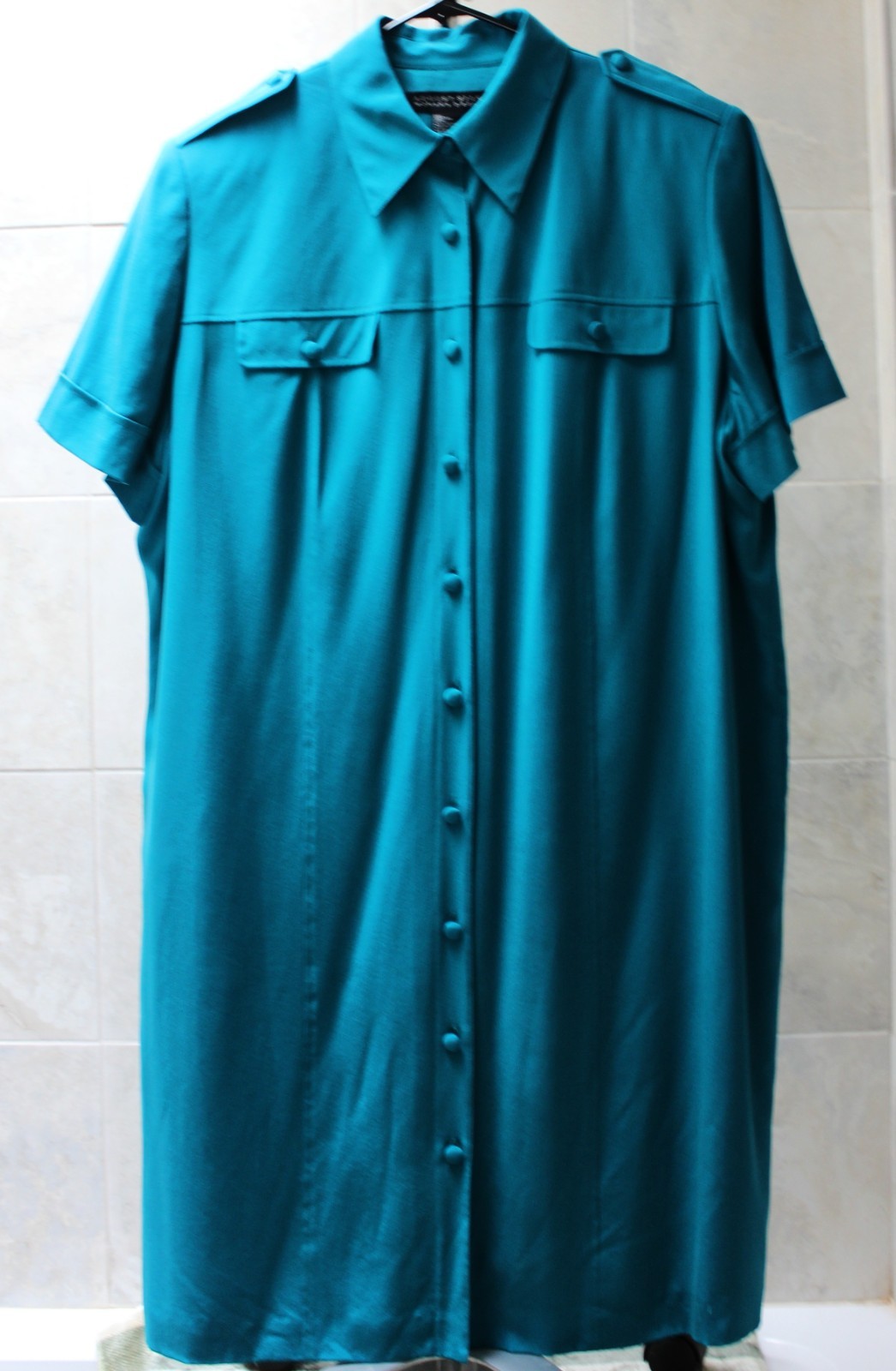 Vtg August Silk sz 20W (chest 54″) Blue 100% Silk Midi SS Dress Epaulettes